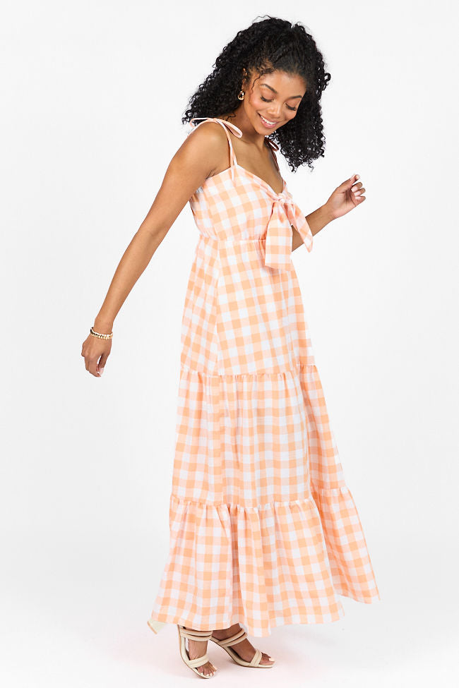 Checked Out Orange Gingham Tie Front Maxi Dress - Women's Summer Floral Print Long Dress for Beach, Vacation & Casual Wear - FINAL SALE