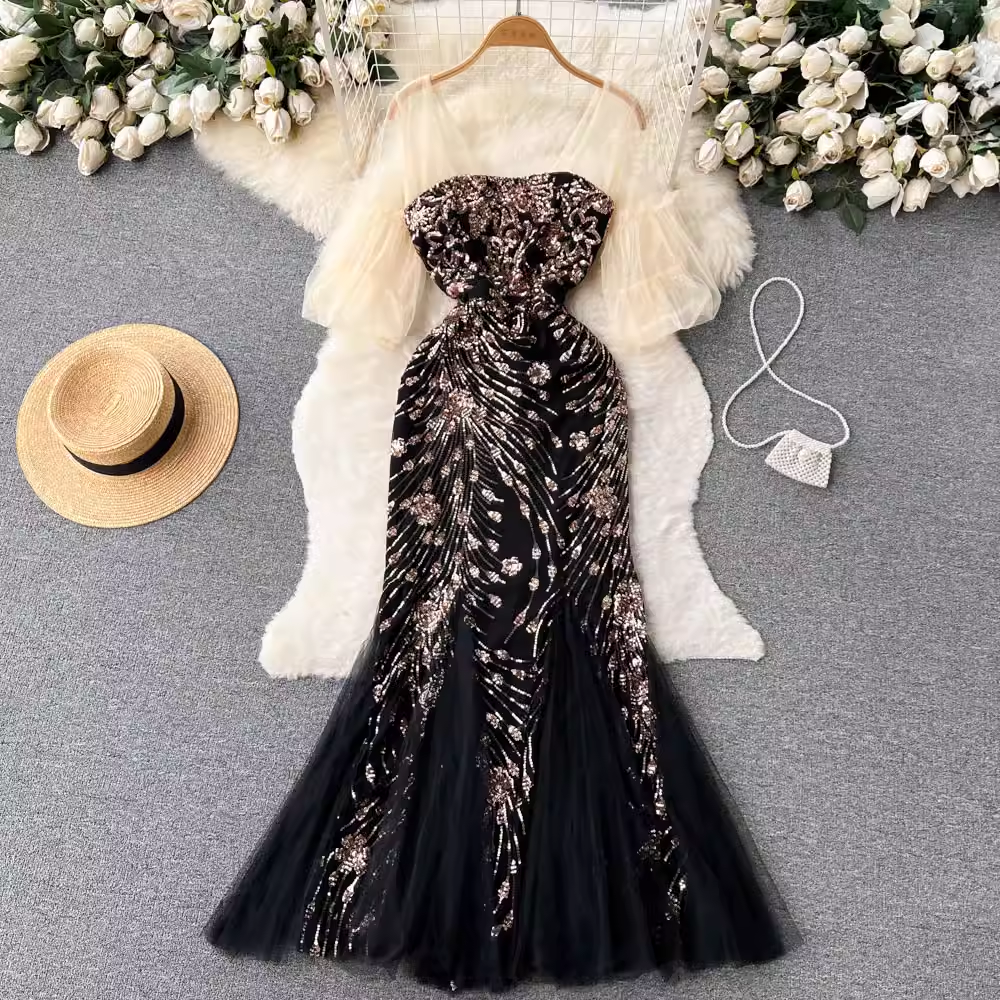 Elegant Mesh Sequins Slit Evening Dress for Women - Mermaid Formal Gown for Prom, Party & Special Occasions