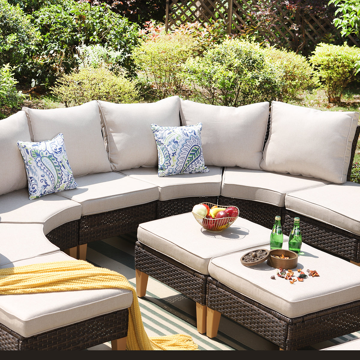 PHI VILLA 9-Piece Rattan Half Moon Curved Outdoor Sofa Set - Luxury Patio Furniture for Garden, Poolside & Backyard Relaxation