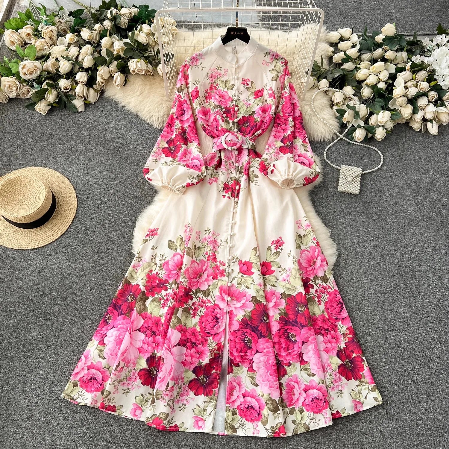 Bohemian Floral Print Linen Dress for Women - Elegant Long Lantern Sleeve Maxi Dress with Belt, Spring Summer Beach Wedding Party Outfit