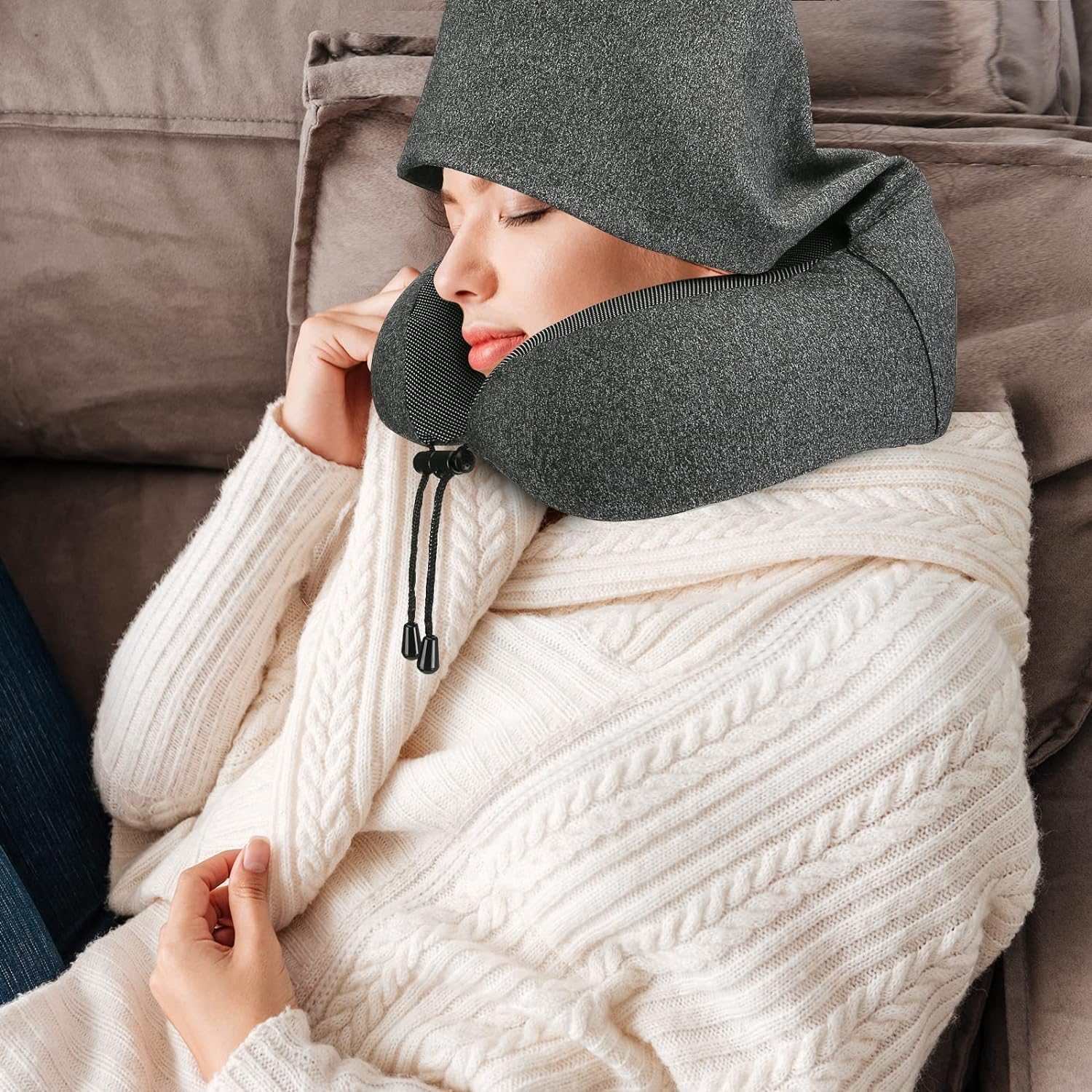 Meneflix Travel Pillow for Airplane - Memory Foam Neck Pillow with Hood & Velvet Cover - Ergonomic Head & Neck Support for Long Flights, Office & Car Sleeping - Grey (Perfect for Business Travel & Road Trips)