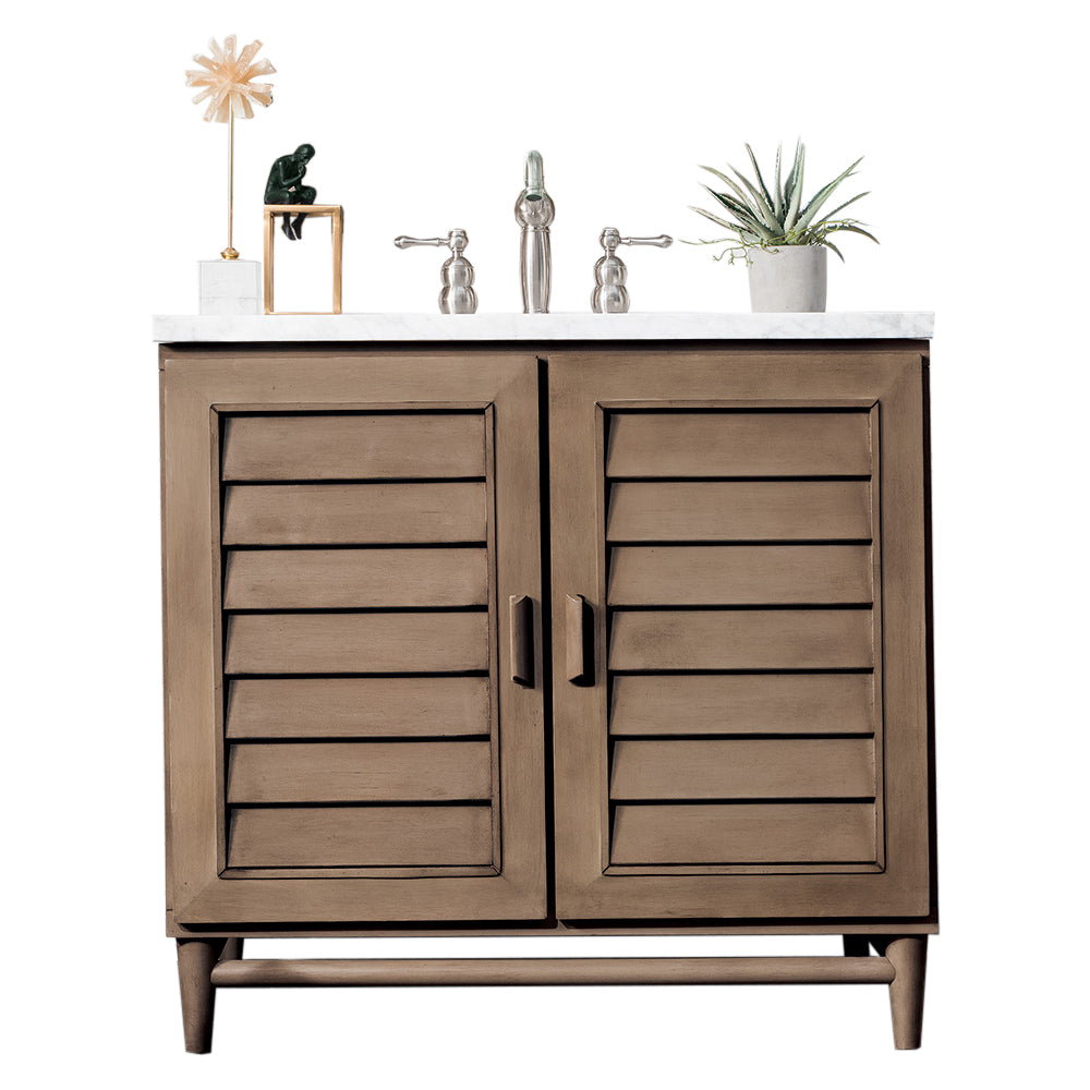 Portland 36 Inch Single Bathroom Vanity in Whitewashed Walnut with 3CM Eternal Jasmine Pearl Quartz Countertop - Perfect for Modern Farmhouse, Coastal, or Transitional Bathroom Designs