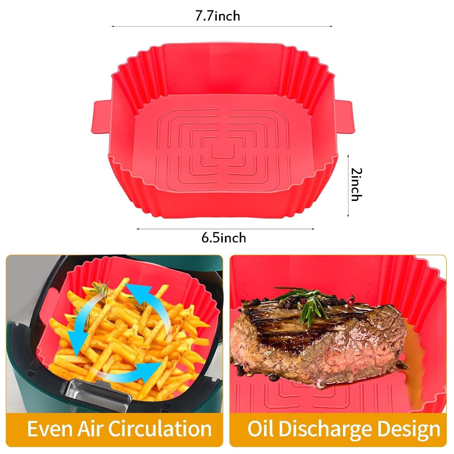 DRURI Reusable Non-Stick Silicone Air Fryer Liners with Handles - Square Food Grade Silicone Basket for Air Fryer Oven - Perfect for Cooking French Fries, Chicken Wings & Vegetables