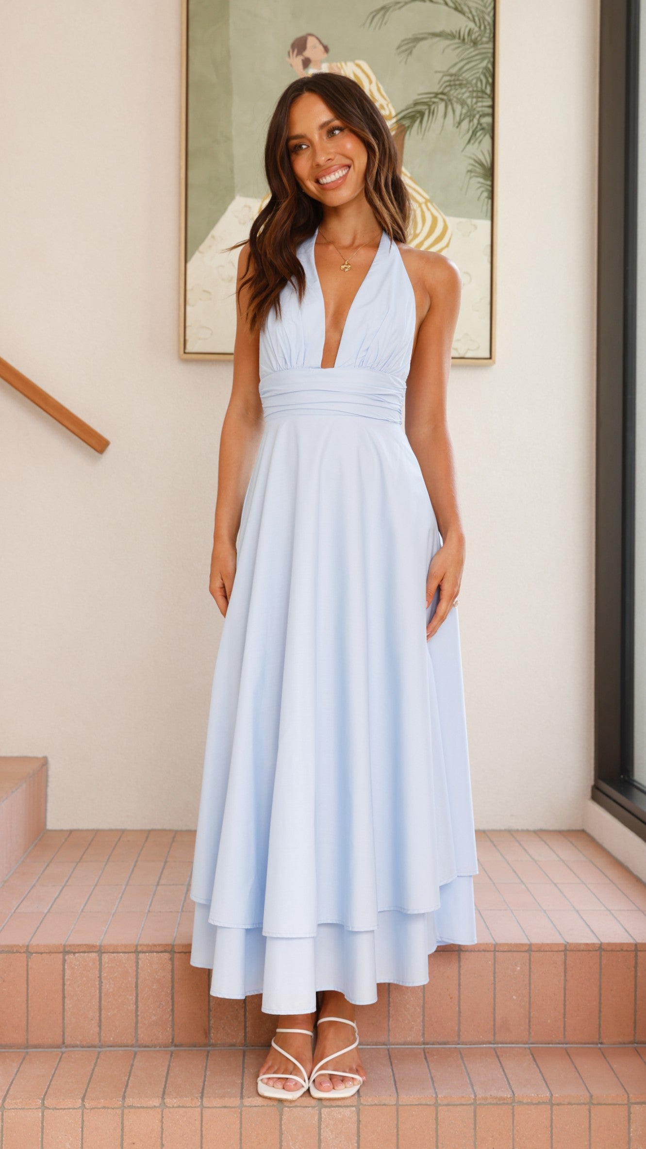 Elegant Kathy Halter Neck Maxi Dress - Light Blue Flowy Summer Dress for Beach, Wedding & Vacation | Women's Fashion