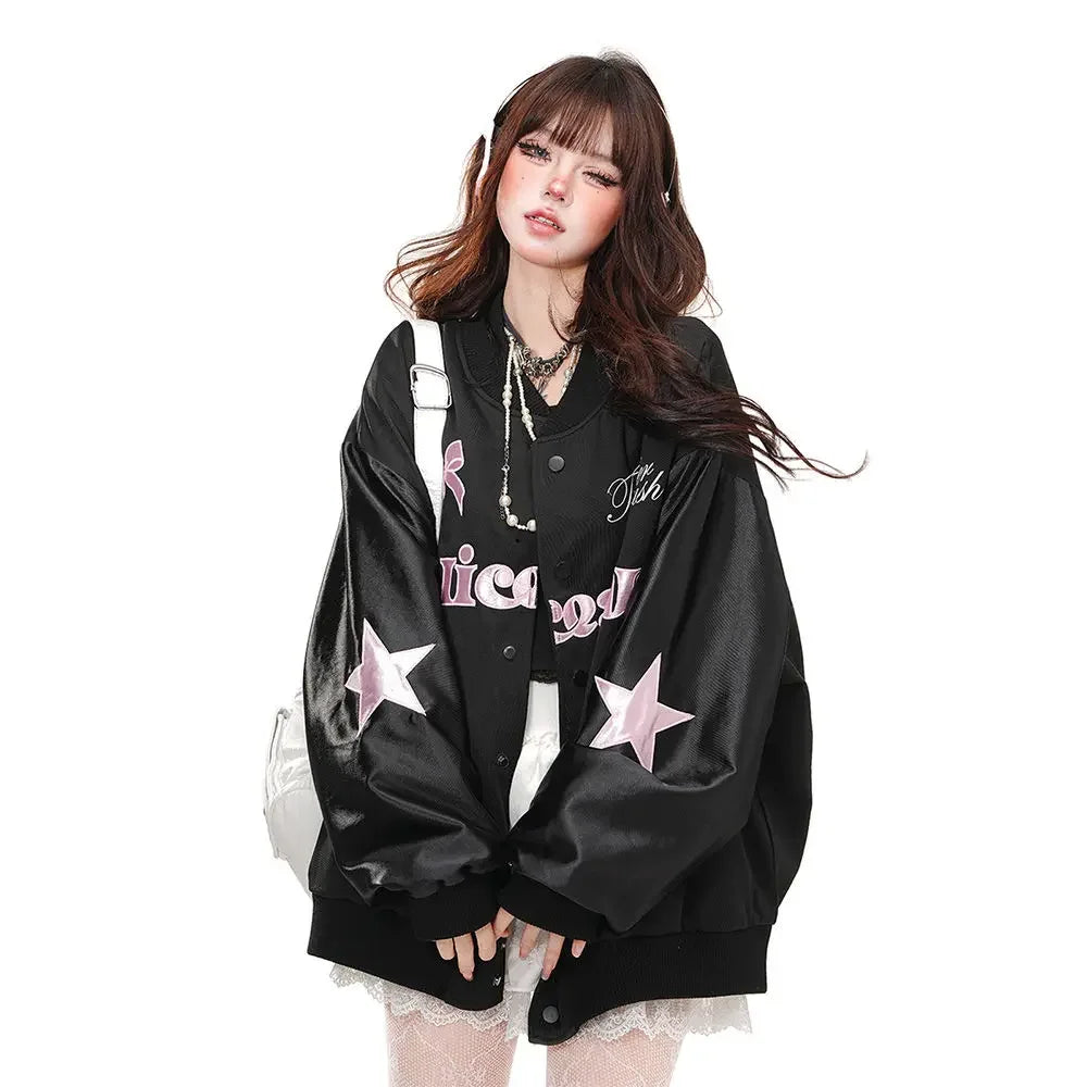 Black Oversized Harajuku Jacket for Women - Bow & Letter Embroidery Coat 2024 | Casual Streetwear Fashion Outerwear | Perfect for Daily Wear, Street Style & Urban Fashion