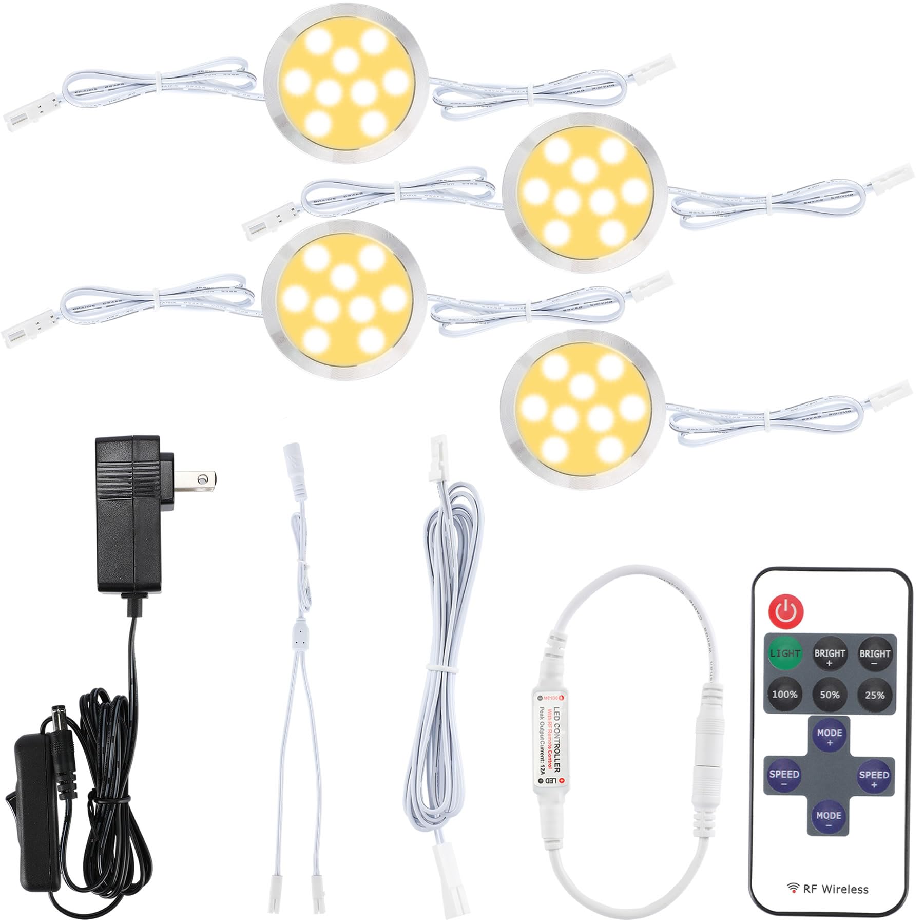Dimmable LED Puck Lighting Kit with Wireless Remote - 4 Warm White Under Cabinet Lights for Bookshelves & Curio Displays (110V Plug-in, Daisy Chain Linkable) - Perfect for Home Decor, Retail Displays & Accent Lighting