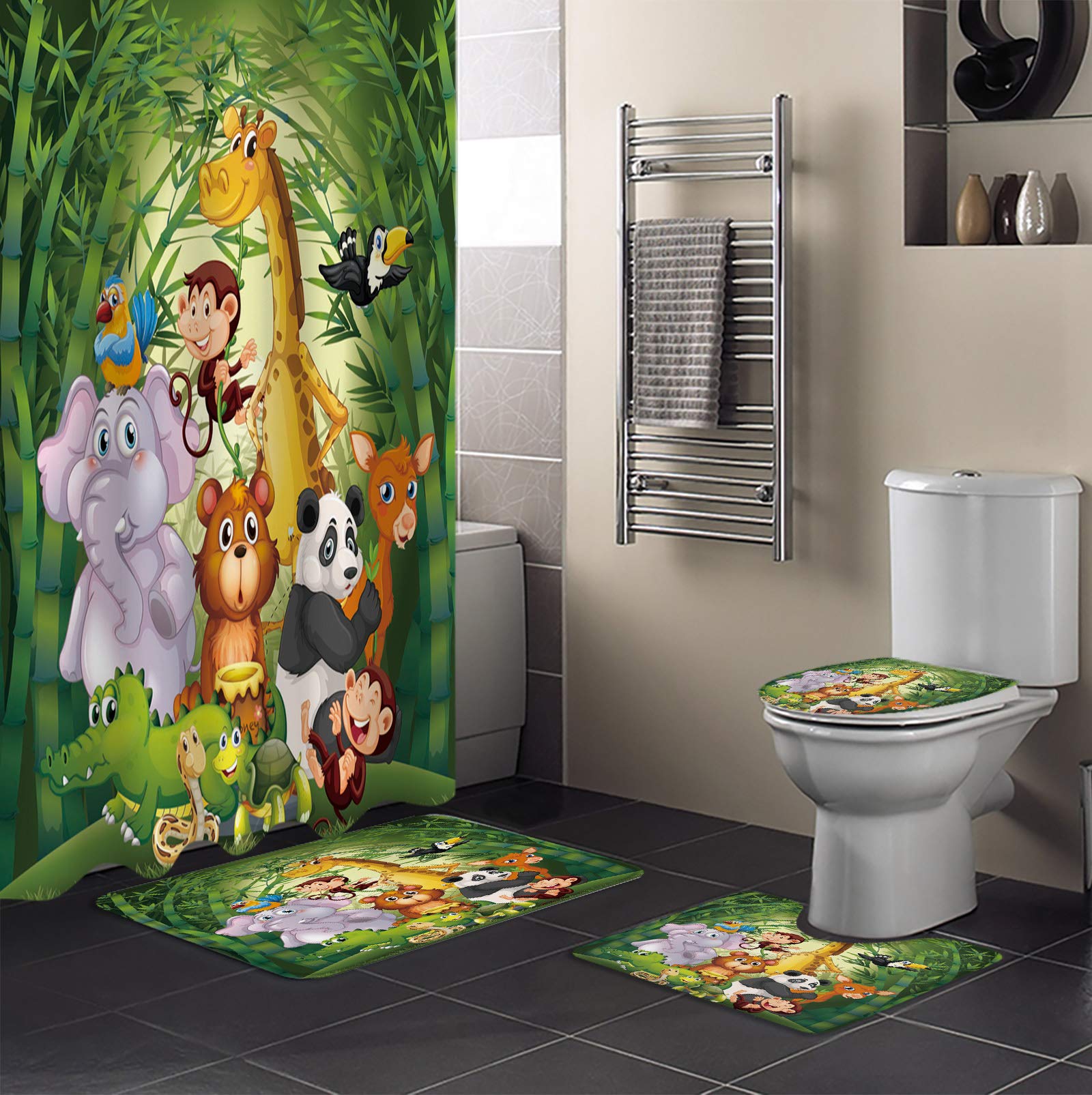 4Pcs Cute Animal Bathroom Set - Waterproof Elephant Panda Giraffe Shower Curtain with Hooks, Non-Slip Bamboo Rugs, Toilet Cover & U-Shaped Mat for Kids & Adults | Tropical Bath Decor for Home, Nursery & Guest Bathroom