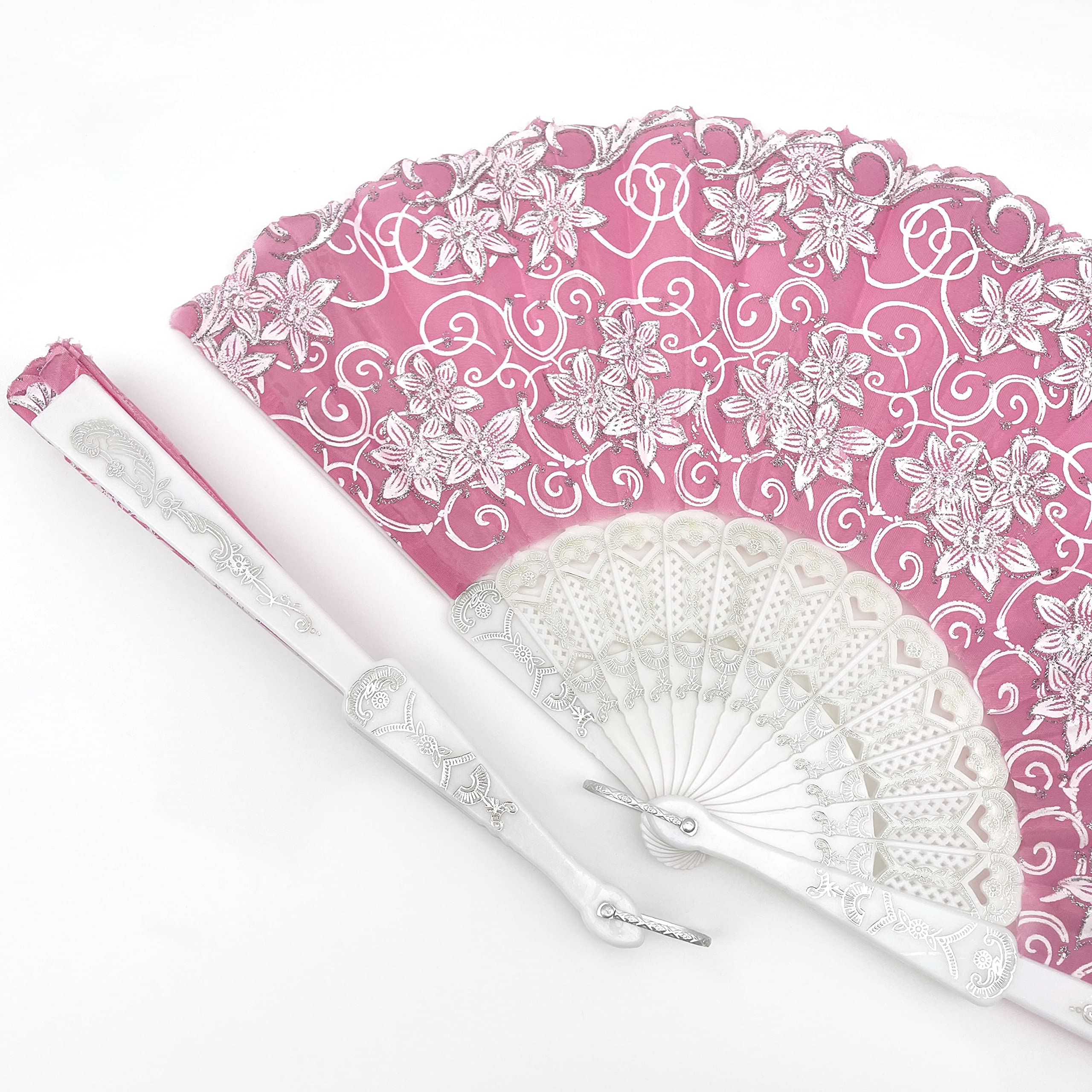 12 Pcs Glitter Floral Folding Fans - Summer Wedding Party Decor, Hand Fans for Dancing, Table Setting & Wall Decoration (Pink Silver) - Perfect for Outdoor Events, Bridal Showers & Home Decor