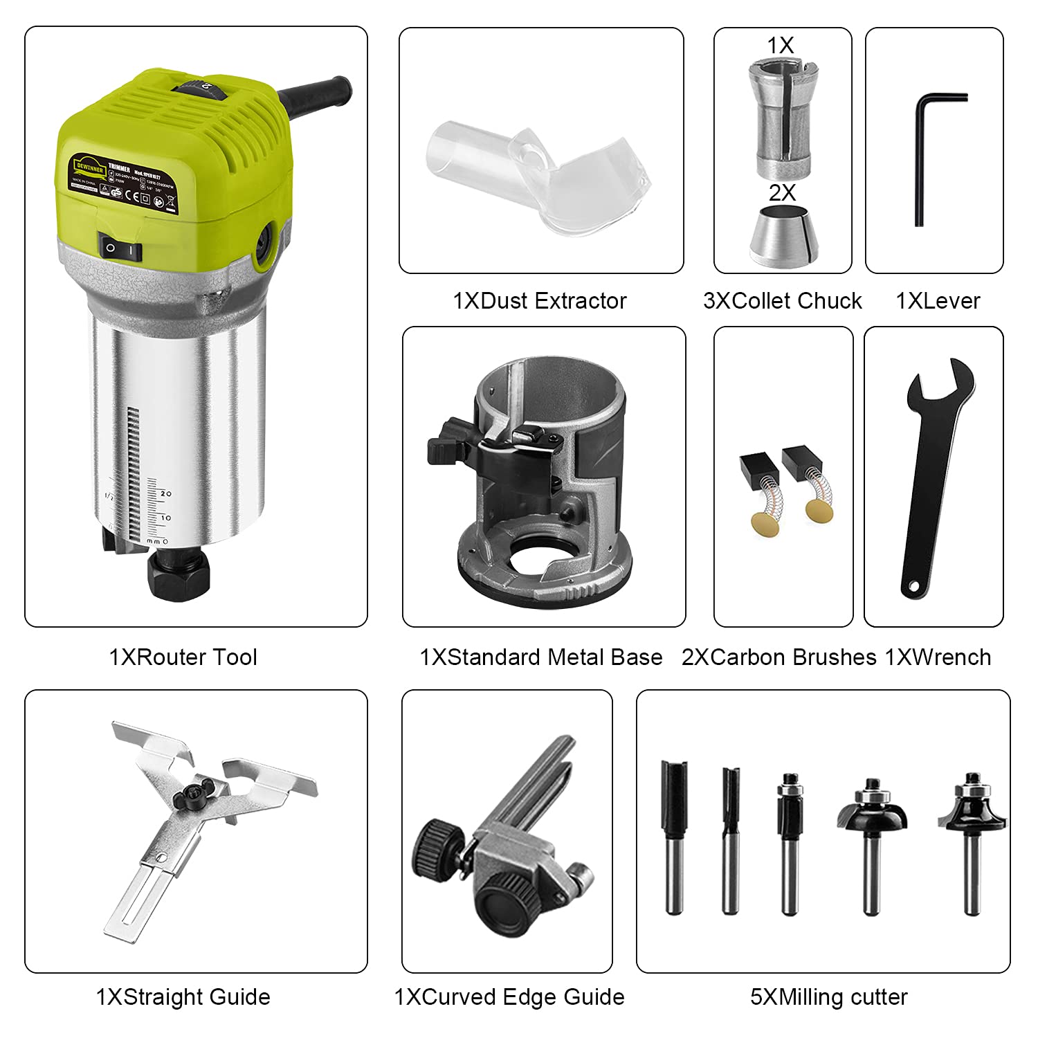 DEWINNER 710W Electric Wood Router Tool, 13000-33000 RPM Variable Speed with 6 Adjustments - Includes 3 Clamps & 5 Router Bits for Woodworking, DIY Projects, Cabinet Making, and Furniture Crafting