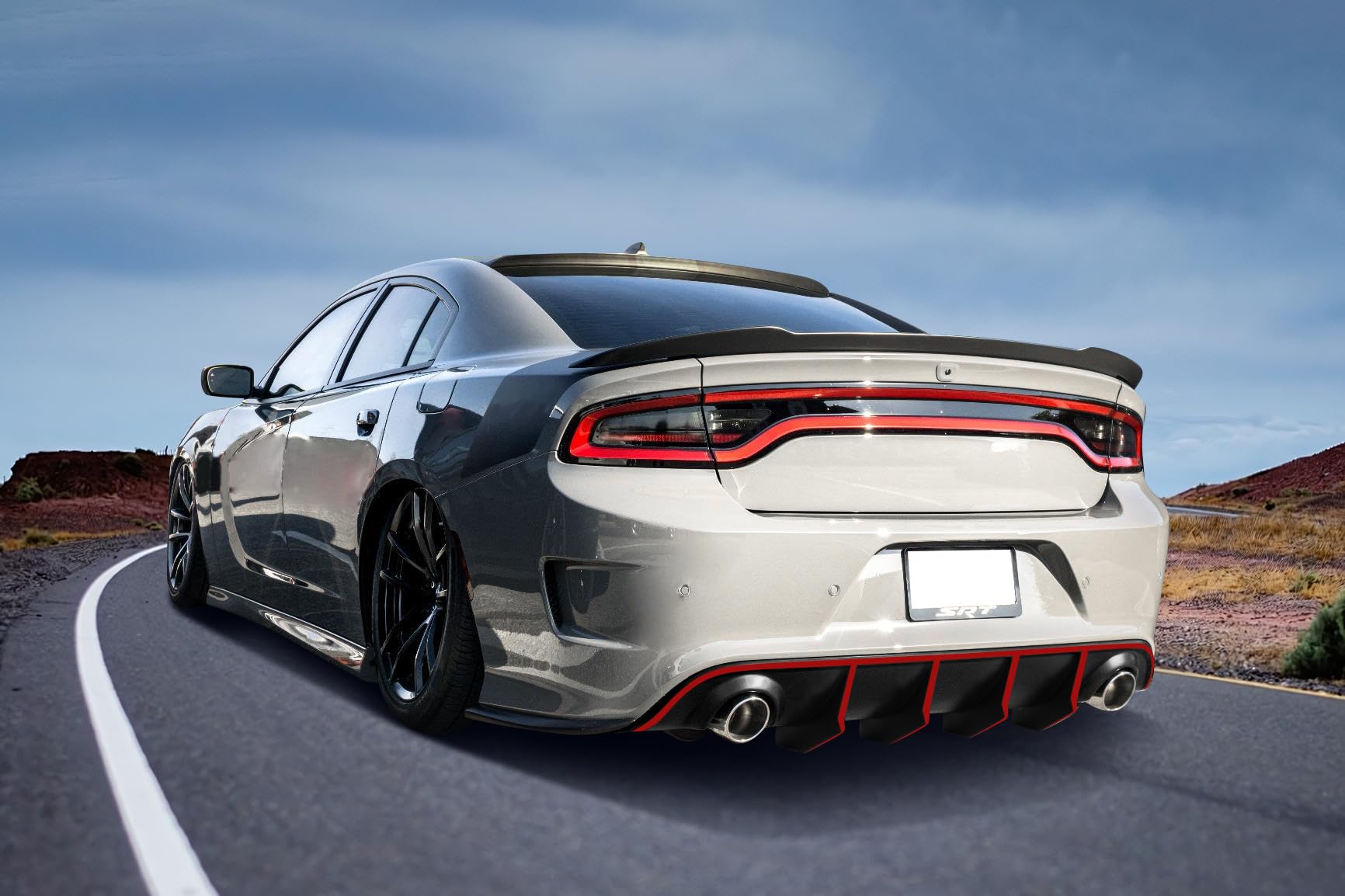 IKON MOTORSPORTS V2 Style Rear Diffuser with Red Reflective Tape - Compatible With 2015-2023 Dodge Charger SRT | Aggressive Styling Upgrade for Street Racing & Car Shows