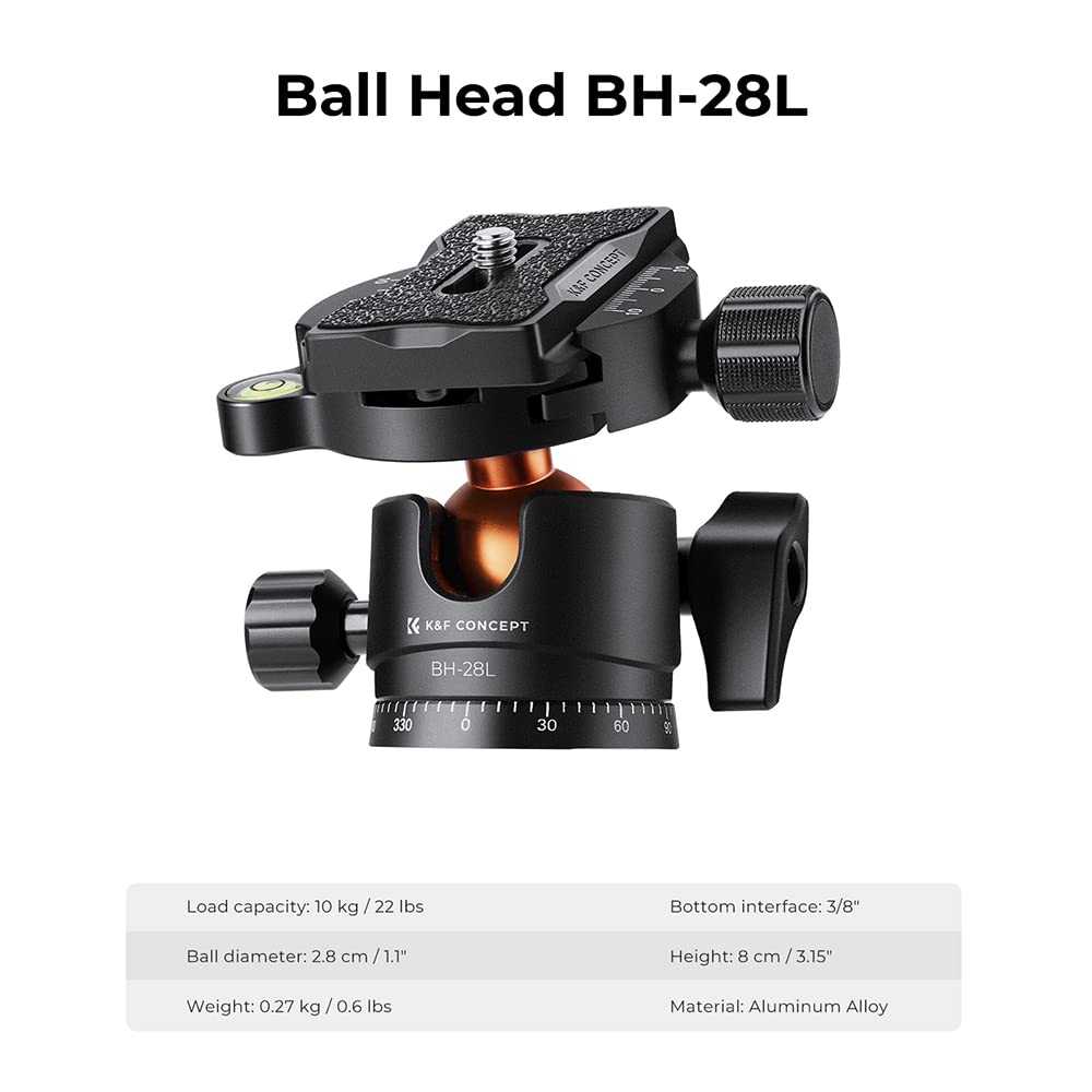 K&F Concept 62-Inch Lightweight Aluminum Tripod for DSLR Cameras - 160cm Compact Travel Tripod with 10KG Load Ball Head & Quick Release Plate - Perfect for Photography, Vlogging, and Outdoor Adventures (Model A234A1)
