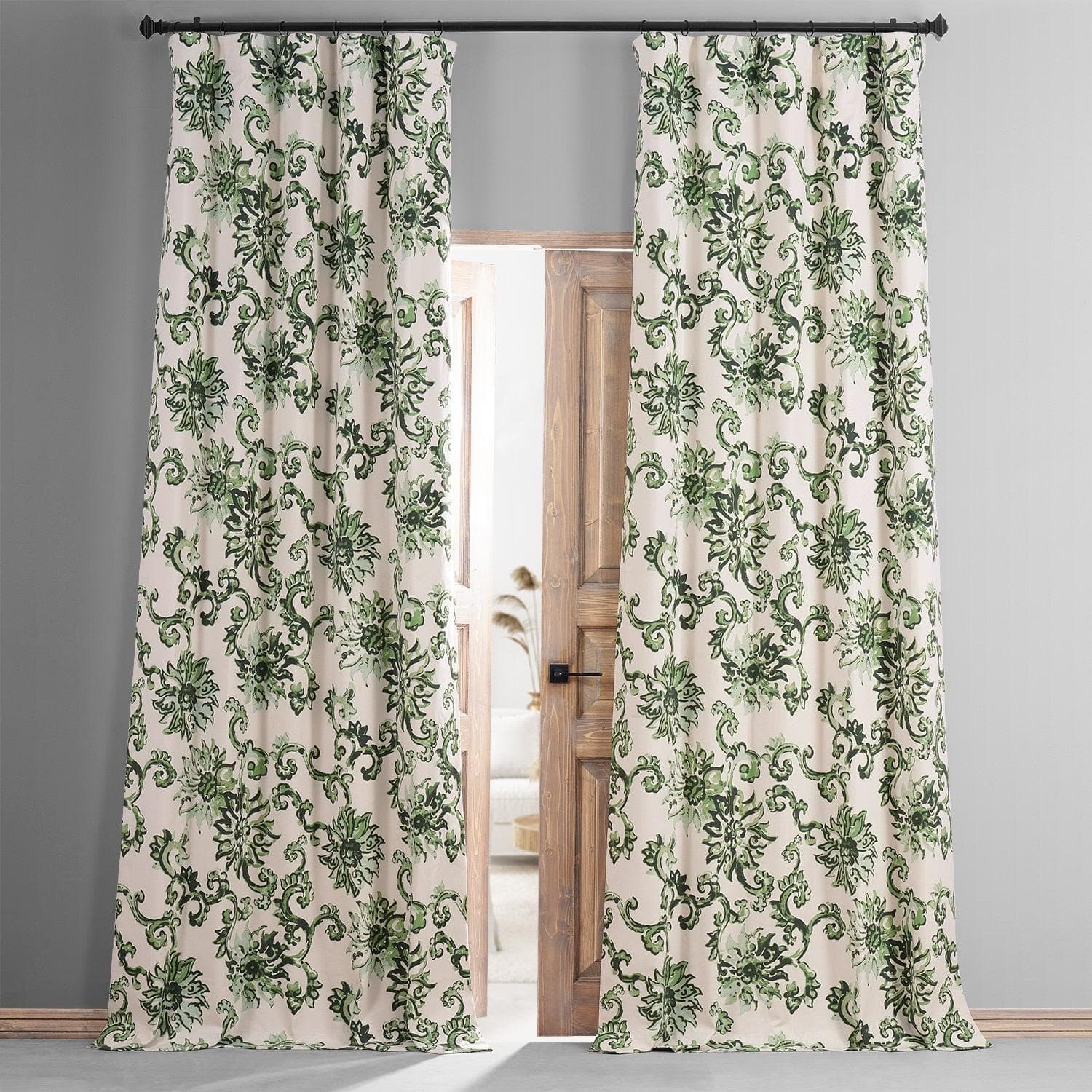 Premium Indonesian Green Floral Printed Cotton Blackout Curtains for Bedroom & Hotel - Noise Reducing, Thermal Insulated Window Drapes for Home Decor & Light Blocking