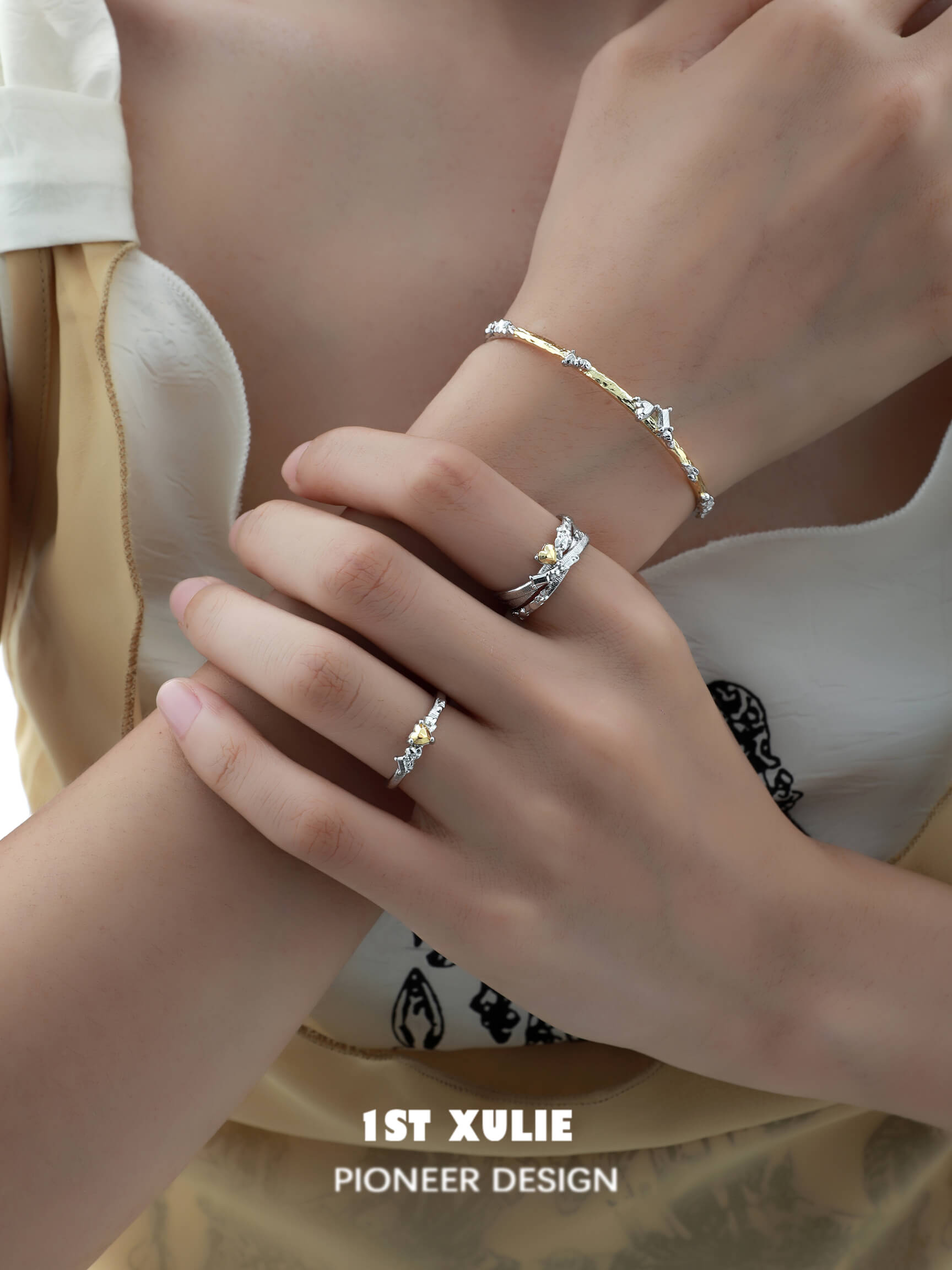 Immortal Lover S925 Sterling Silver Golden Heart Rings for Women - Elegant Couple Promise Rings for Anniversary, Valentine's Day Gift & Romantic Occasions