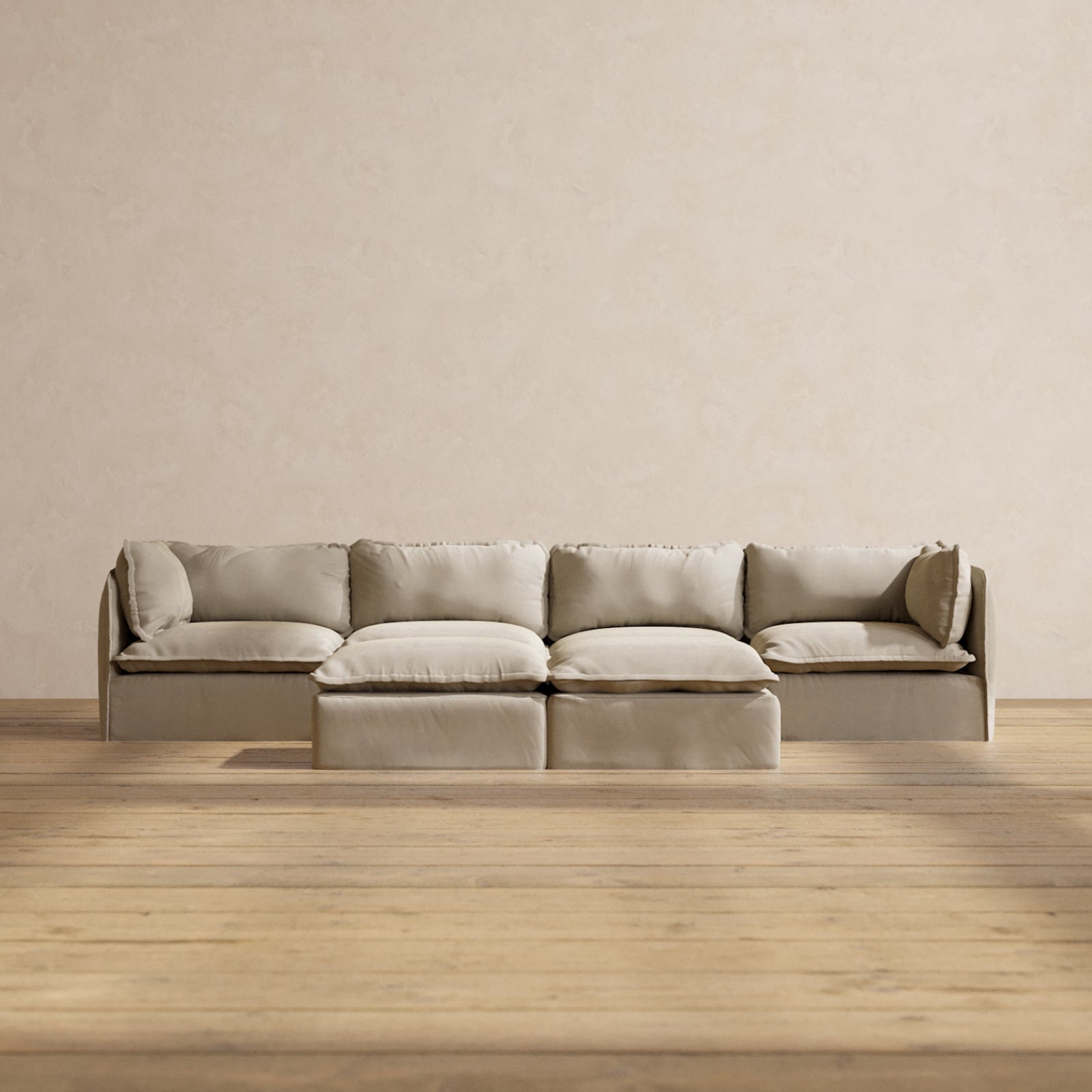 Modular Performance 4-Seater Sofa with Bench Ottoman in Dune Color | Relaxed Blend Fabric | Perfect for Living Room, Family Room or Home Theater Seating