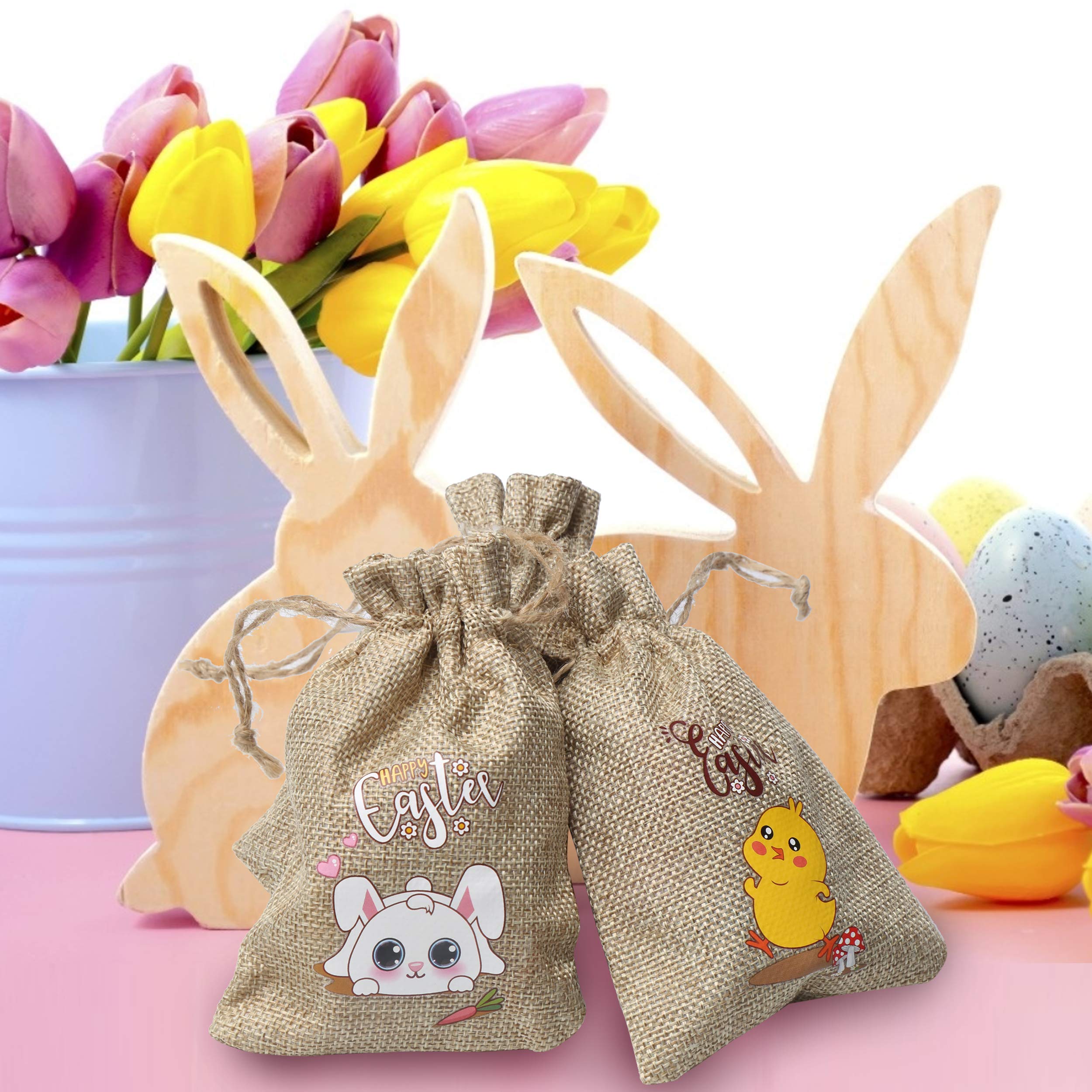 CCINEE 36PC Easter Burlap Bags with Drawstrings - Bunny Linen Goody Gift Bags with Double Jute Drawstrings - Perfect for Party Favors, Candy Fillers, Easter Egg Hunts & Spring Celebrations
