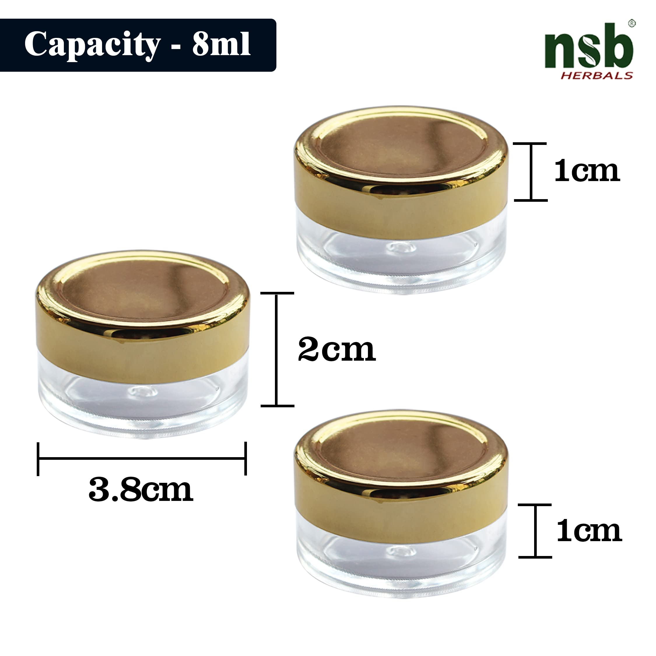 NSB Herbals 8g Acrylic San Jar with Gold Lid - Leakproof Inner Seal for Lip Balm, Body Butter, Eyeshadow & Makeup Storage (6-Pack) | Ideal for DIY Cosmetics, Travel Containers & Salon Organizers