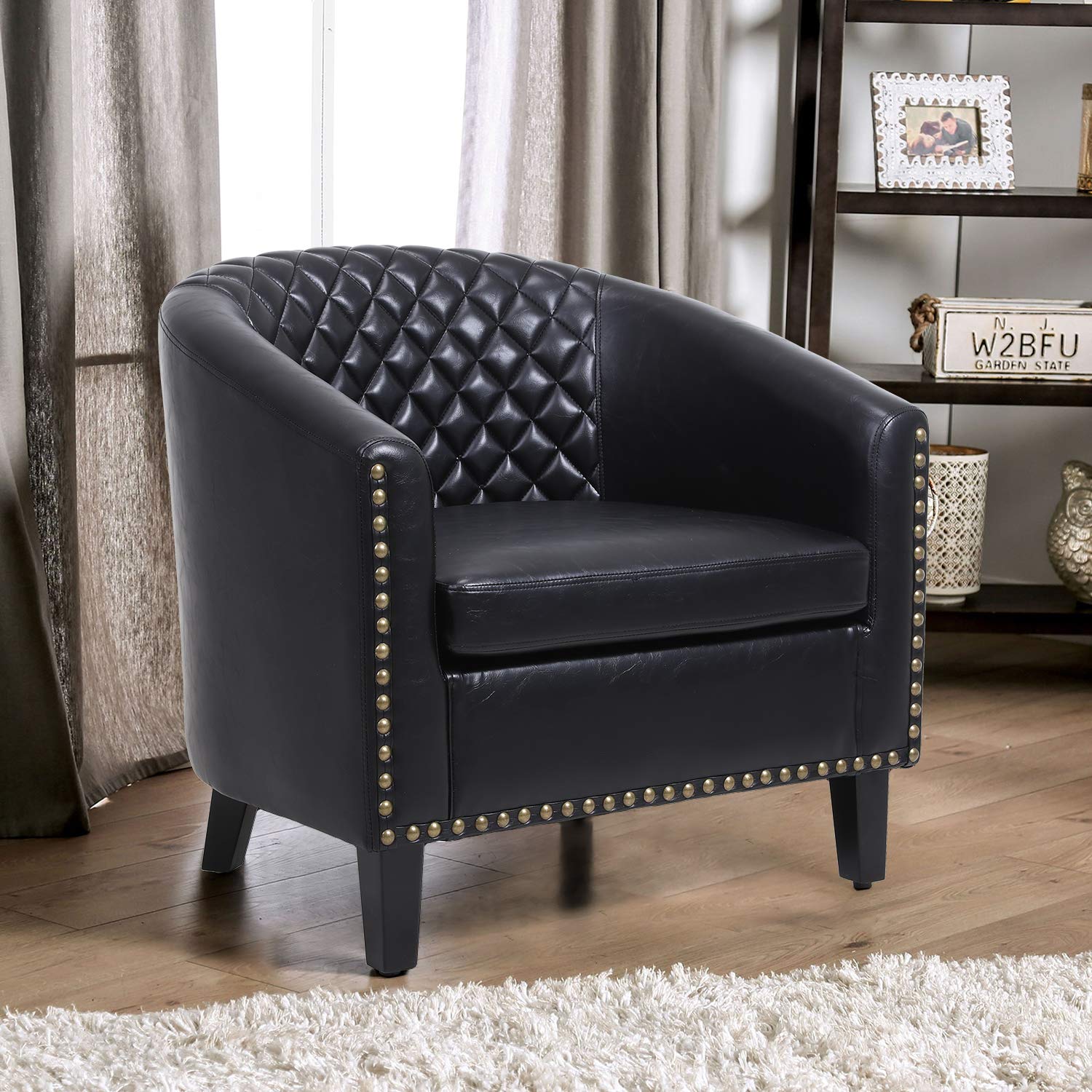 Modern Accent Chairs with Arms - Black PU Leather Upholstered Living Room & Bedroom Chair with Nailhead Trim, Solid Wood Legs & Removable Cushion - Perfect for Home Office, Reading Nook or Waiting Area