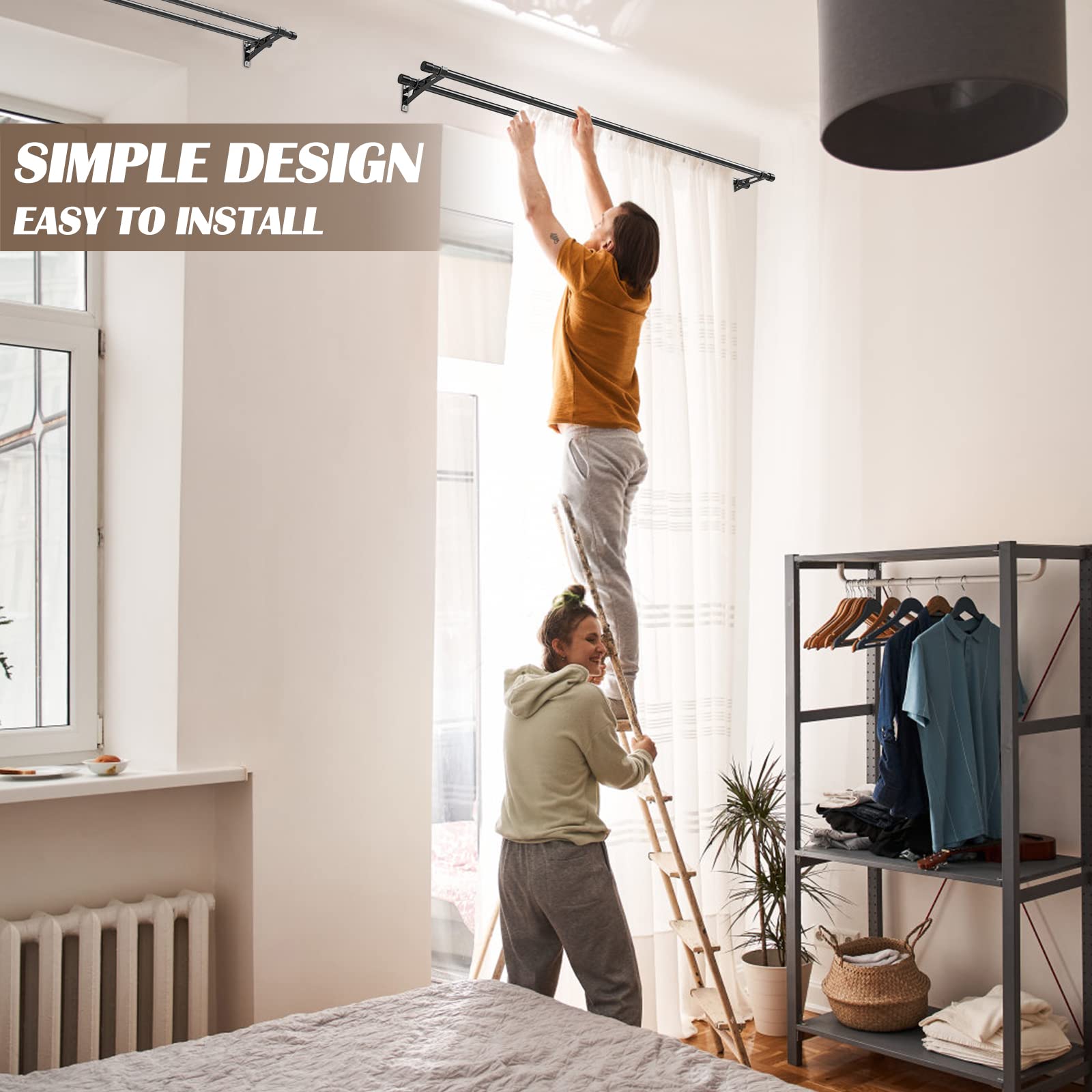YeYeBest Adjustable Double Curtain Rods 30-185 Inches, Heavy Duty Metal Extendable Drapery Rod Set for Windows - Black | Perfect for Living Room, Bedroom & Home Decor