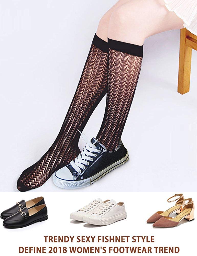 ANDIBEIQI 6 Pairs Women's Stay Up Knee High Patterned Trouser Socks - Fishnet Stockings Black One Size - Fashionable Hosiery for Office, Party & Everyday Wear