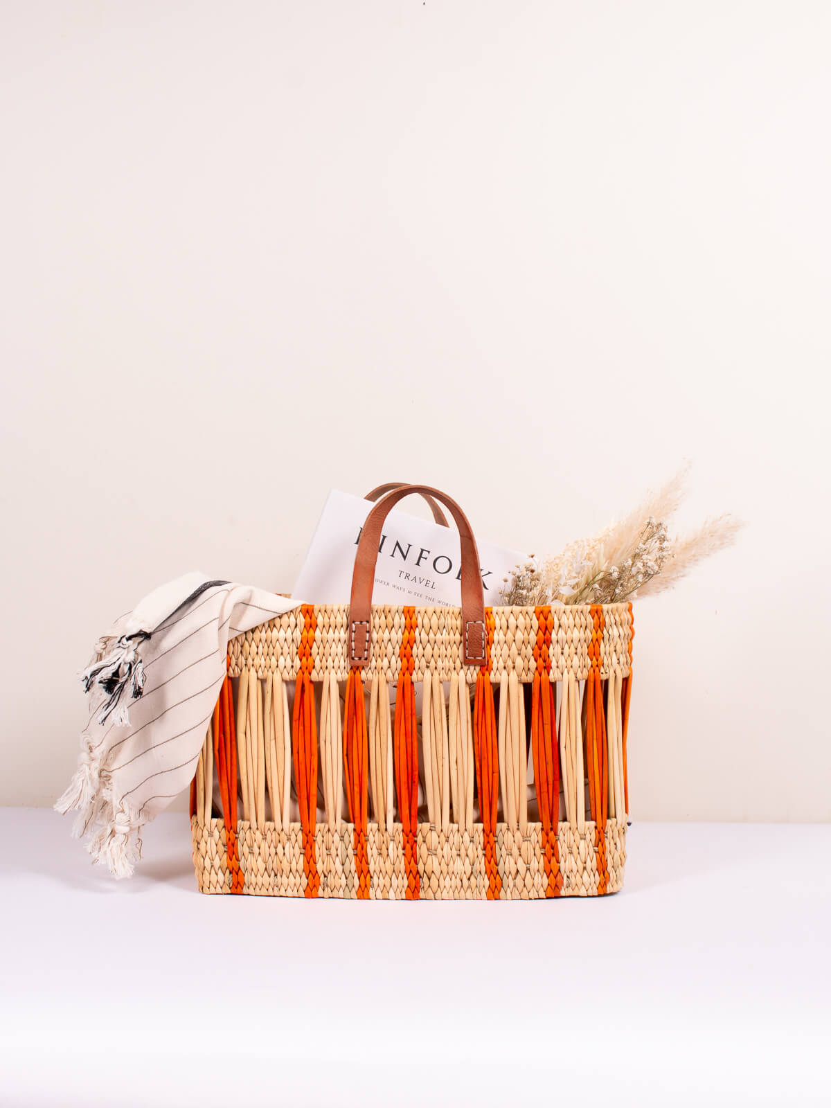 Handwoven Orange Stripe Decorative Reed Basket - Boho Home Decor for Living Room, Bedroom & Bathroom Storage