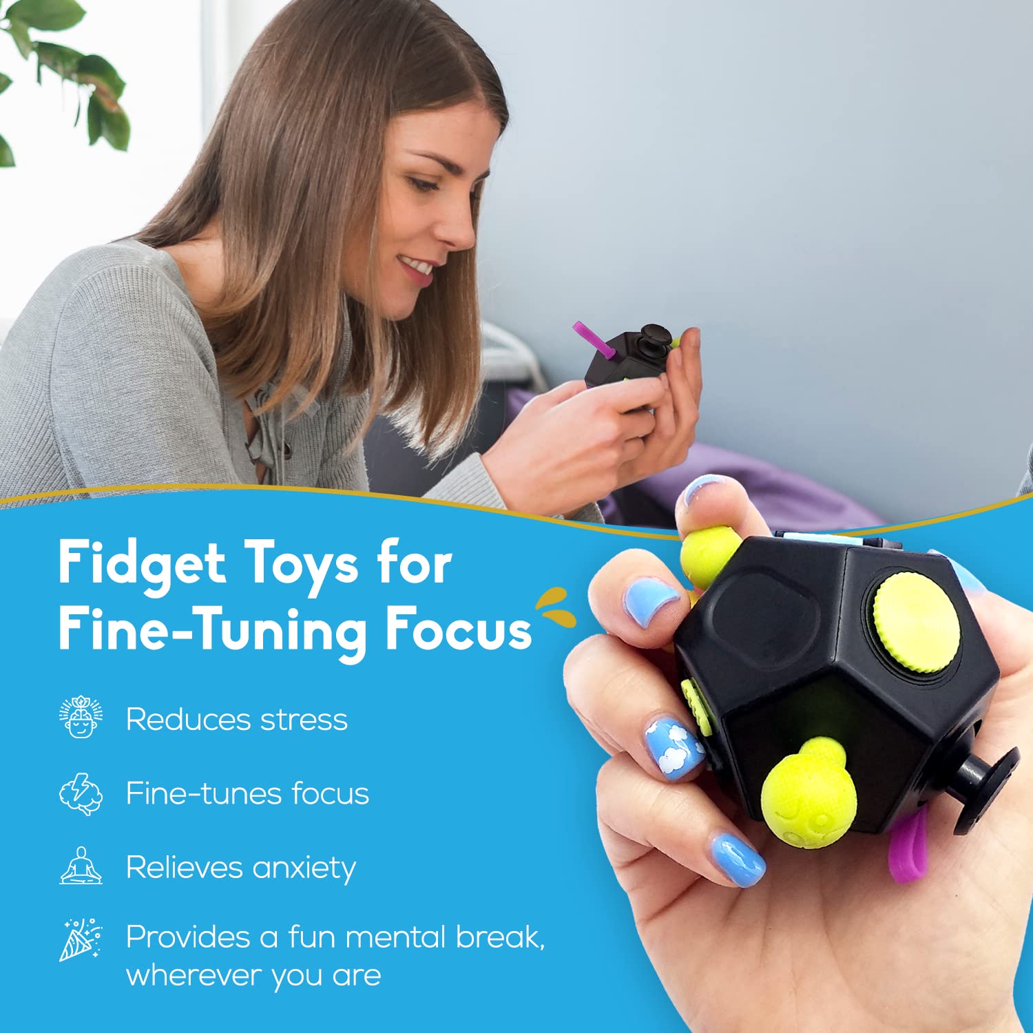 PILPOC theFube 12-Side Fidget Cube - Stress Relief & Focus Toy for Kids & Adults with ADHD - Anti-Anxiety Sensory Fidget Dice with Carry Case (Light Blue & Mix) - Perfect for Office, School & Travel Stress Relief