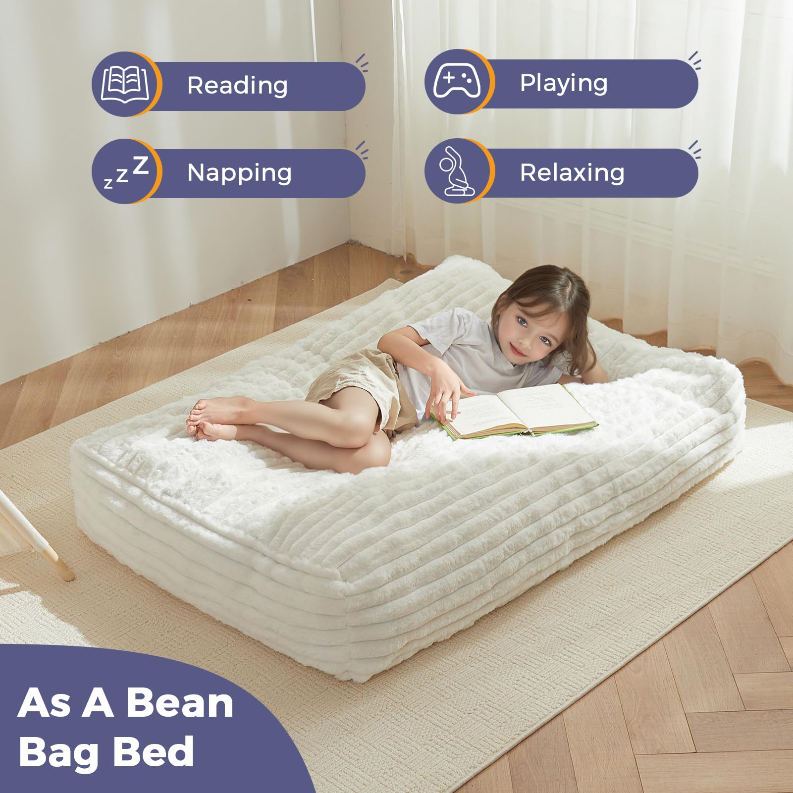 MAXYOYO Kids Bean Bag Chair Bed - Convertible Children's Bean Bag Chair to Floor Mattress, Soft Beige for Bedroom, Playroom & Dorm - Perfect for Reading, Relaxing & Sleepovers