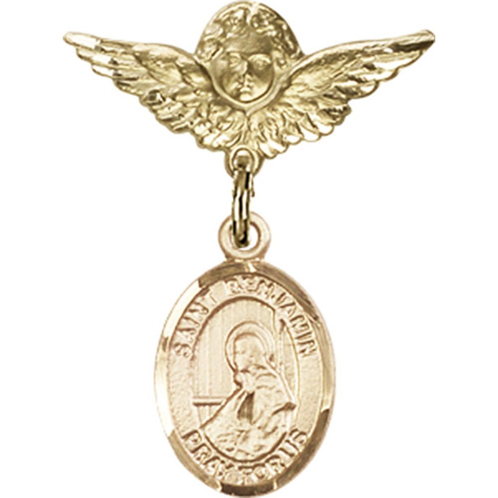 Gold Filled Baby Badge Pin with St. Benjamin Charm & Angel Wings - 1 X 3/4 Inch - Perfect for Christening Gifts, Baby Showers & Keepsakes