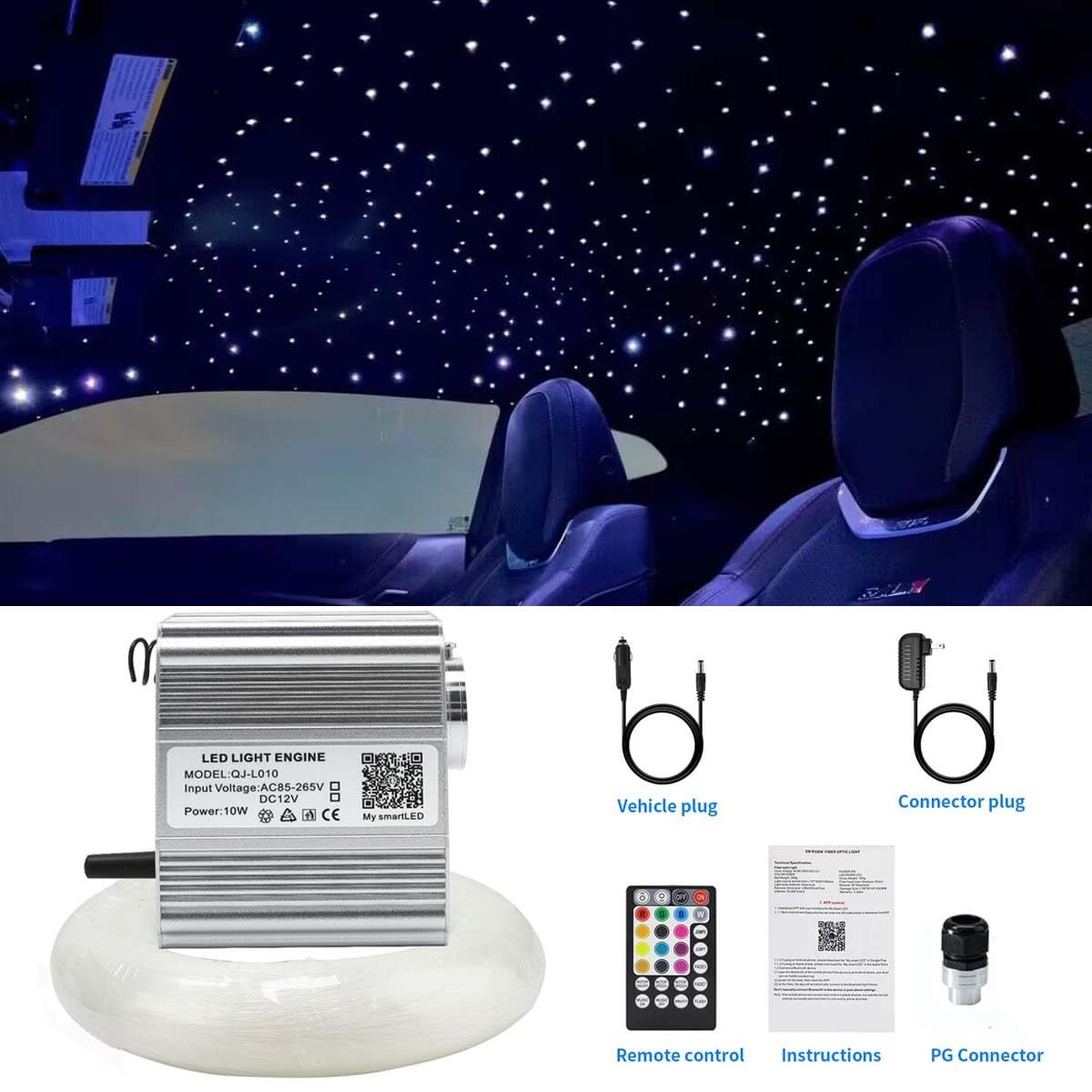 AMKI Bluetooth 10W Twinkle Fiber Optic Light Kit - 460pcs RGBW Starlight with 9.8ft Optical Cable (0.03in/0.04in/0.06in) for Car Headliner & Home Ceiling Decor - APP/Remote Control, Sound Activated - Perfect for Bedroom, Party, and DIY Lighting Projects