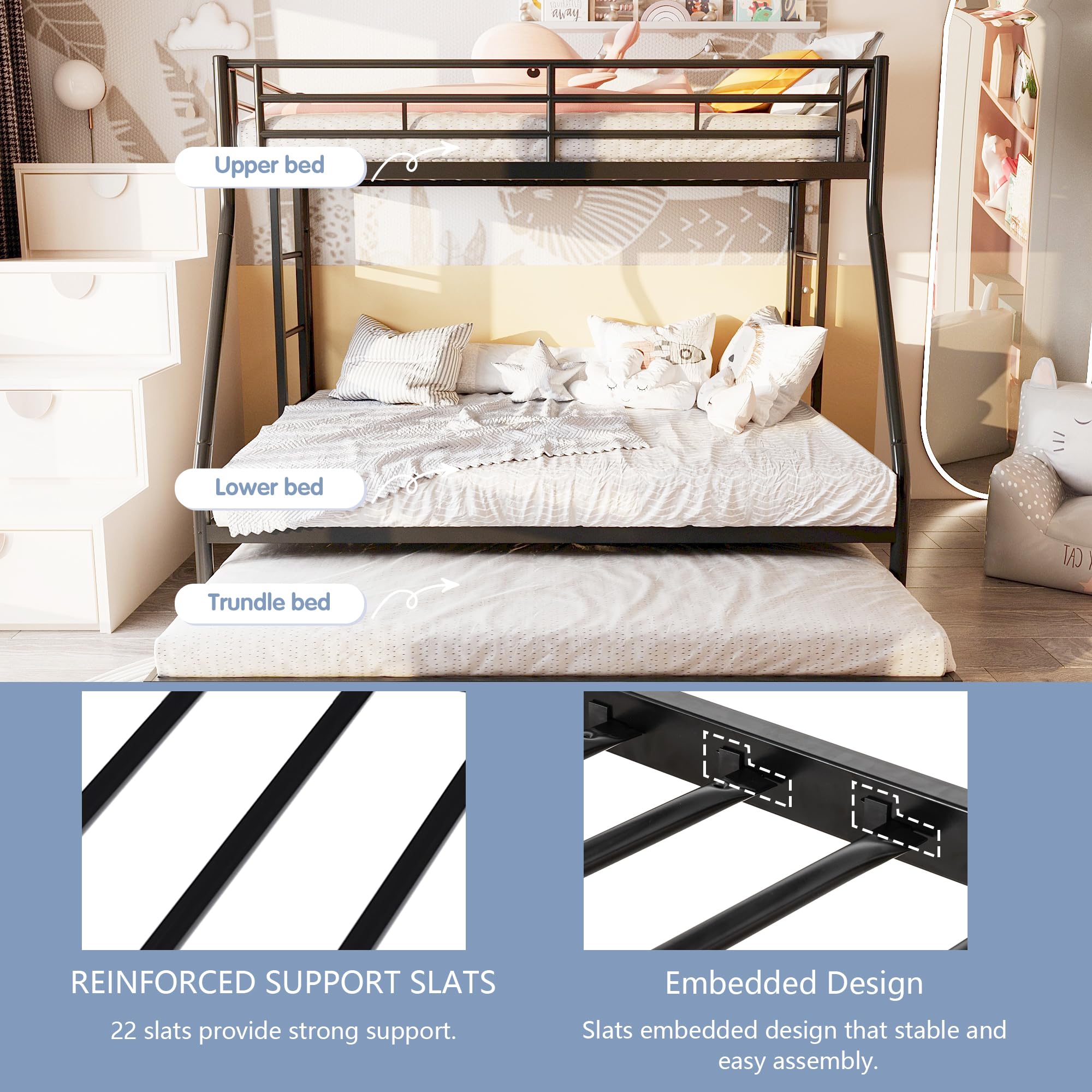 Metal Twin Over Full Bunk Bed with 2 Secure Ladders & Trundle - Space-Saving Loft Bed Frame with Safety Rail & Noise-Free Design for Small Bedrooms - Perfect for Kids Rooms, Guest Rooms & Dormitories - Black