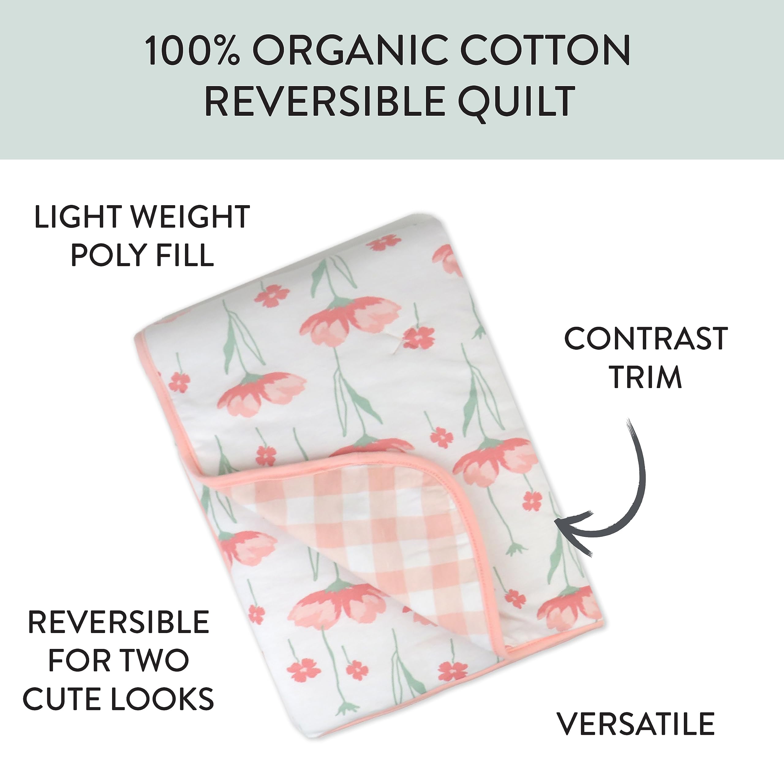 HonestBaby Quilted Baby Blankets - Reversible Organic Cotton Blanket for Infant Boys & Girls | Unisex Nursery Blanket | Soft Strawberry Pink Floral Design | Perfect for Crib, Stroller, Swaddle & Gift Giving
