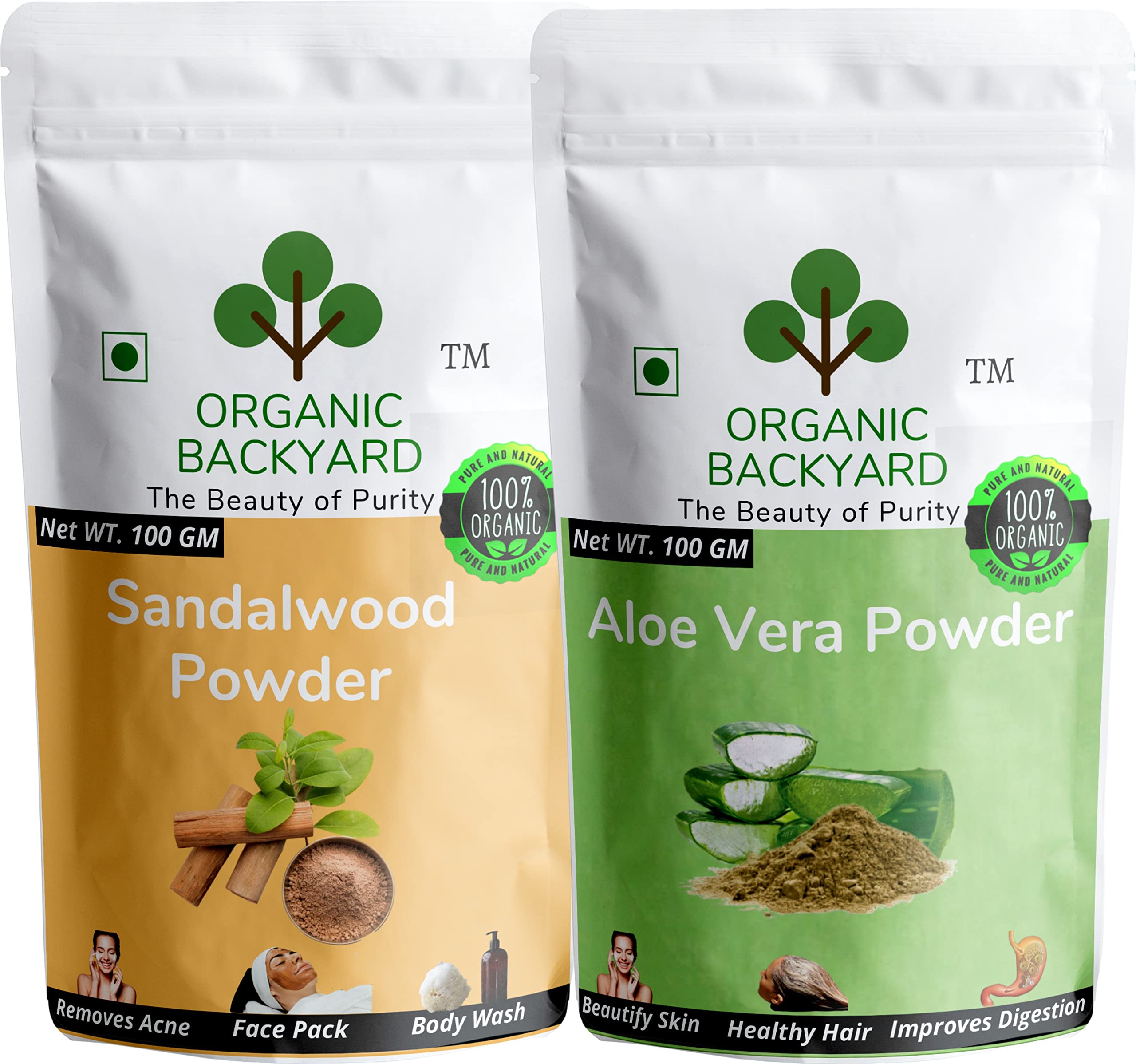 Organic Aloe Vera & Sandalwood Powder Combo - 100% Natural Face Care Treatment for Glowing Skin - 100g Each - Perfect for DIY Face Masks, Skin Brightening & Acne Relief