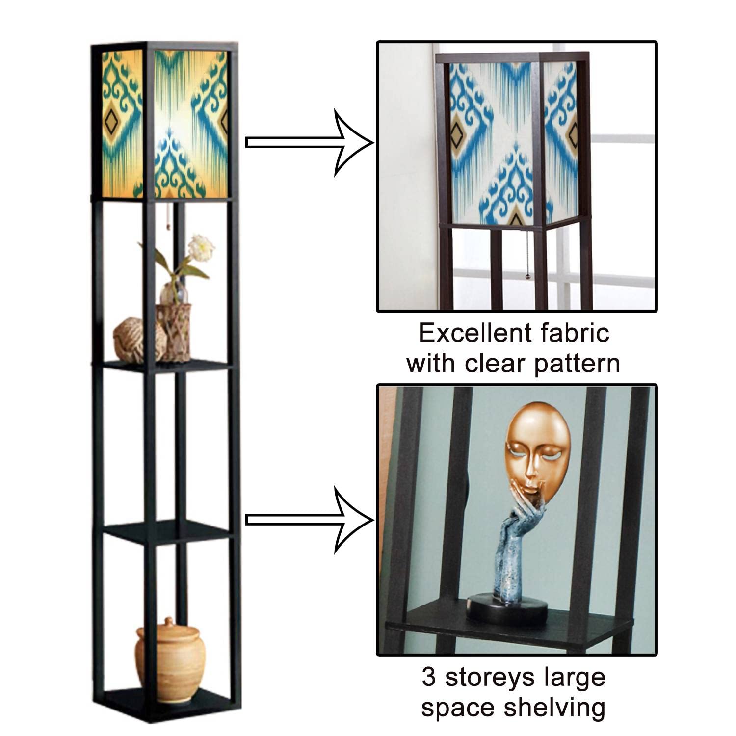 Ethnic Indian Ikat Seamless Design Fabric Carpet Mandala Standing Lamp with Shelves - Flaxen Fabric Shade Floor Lamp for Living Room, Bedroom, Office - Tall Corner Lamp with Aesthetic Decor for Home, Yoga Studio, Meditation Space