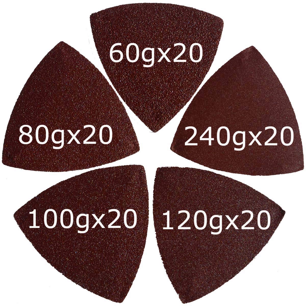 XXGO 100-Piece 3.5-Inch 90mm Triangular Sandpaper Set - 60/80/100/120/240 Grits Hook & Loop Multi-Tool Sanding Discs for Wood, Metal & Paint - Compatible with 3.5