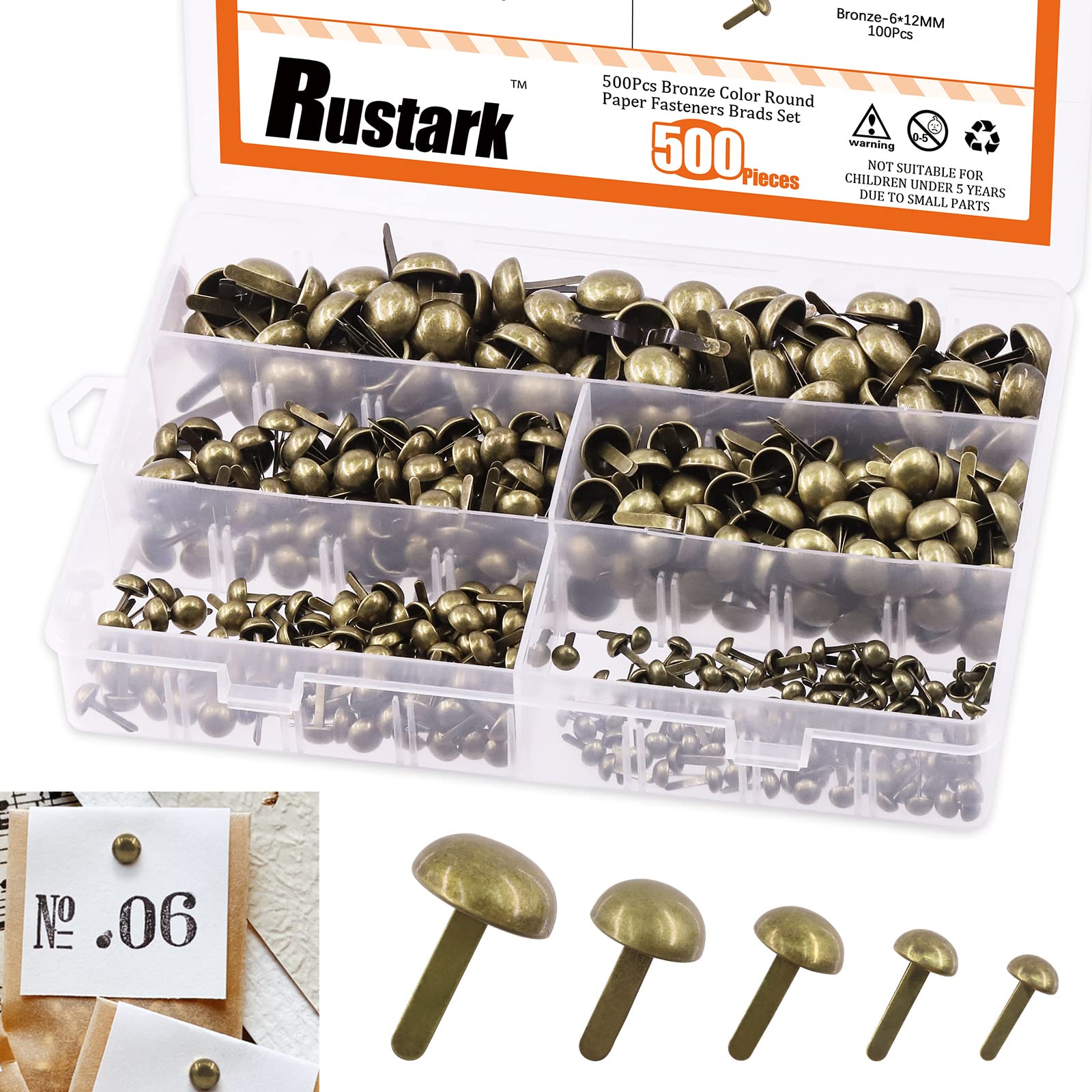Rustark 500PCS Brass Paper Fasteners Kit - 5 Sizes Round Brads with Mushroom Head for Scrapbooking, DIY Crafts, School Projects & Decorative Arts | Perfect for Card Making, Photo Albums & Office Supplies