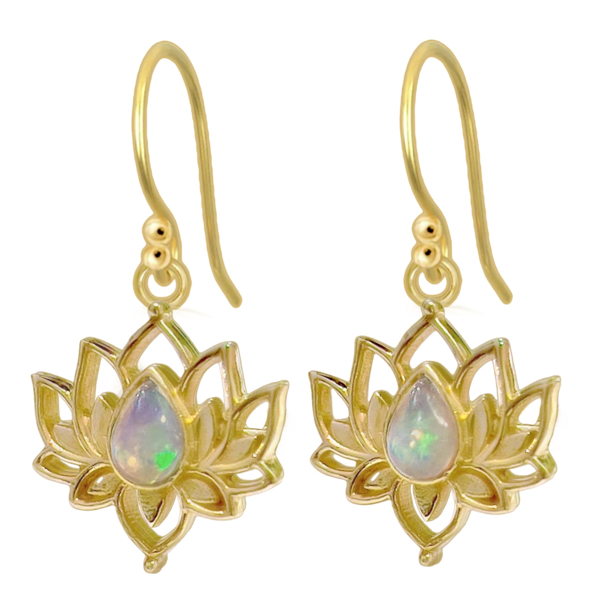 Laihas Opulent Lotus Flower Gold Opal Earrings - Elegant Dangle Earrings for Women, Perfect for Weddings, Parties & Special Occasions