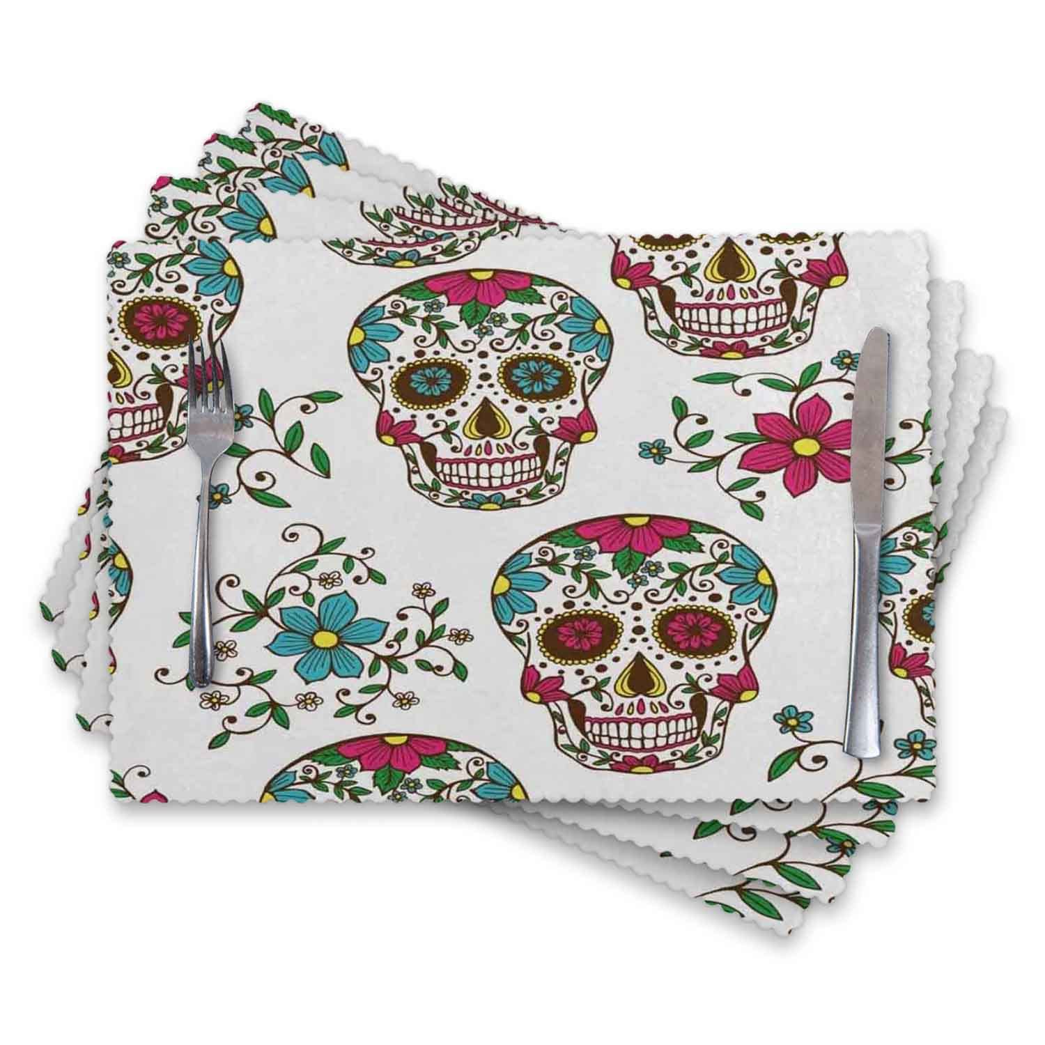 Set of 4 Washable & Heat-Resistant Sugar Skull Flower Day of The Dead Cloth Placemats - 12”x18” Dining Table Mats for Mexican-Themed Dinners, Halloween Decor & Cultural Celebrations