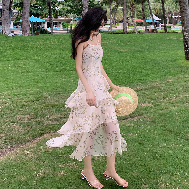 French Floral Spaghetti Strap Dress - Summer Retro Cake Dress for Women | Elegant Vintage Style Party & Wedding Guest Outfit