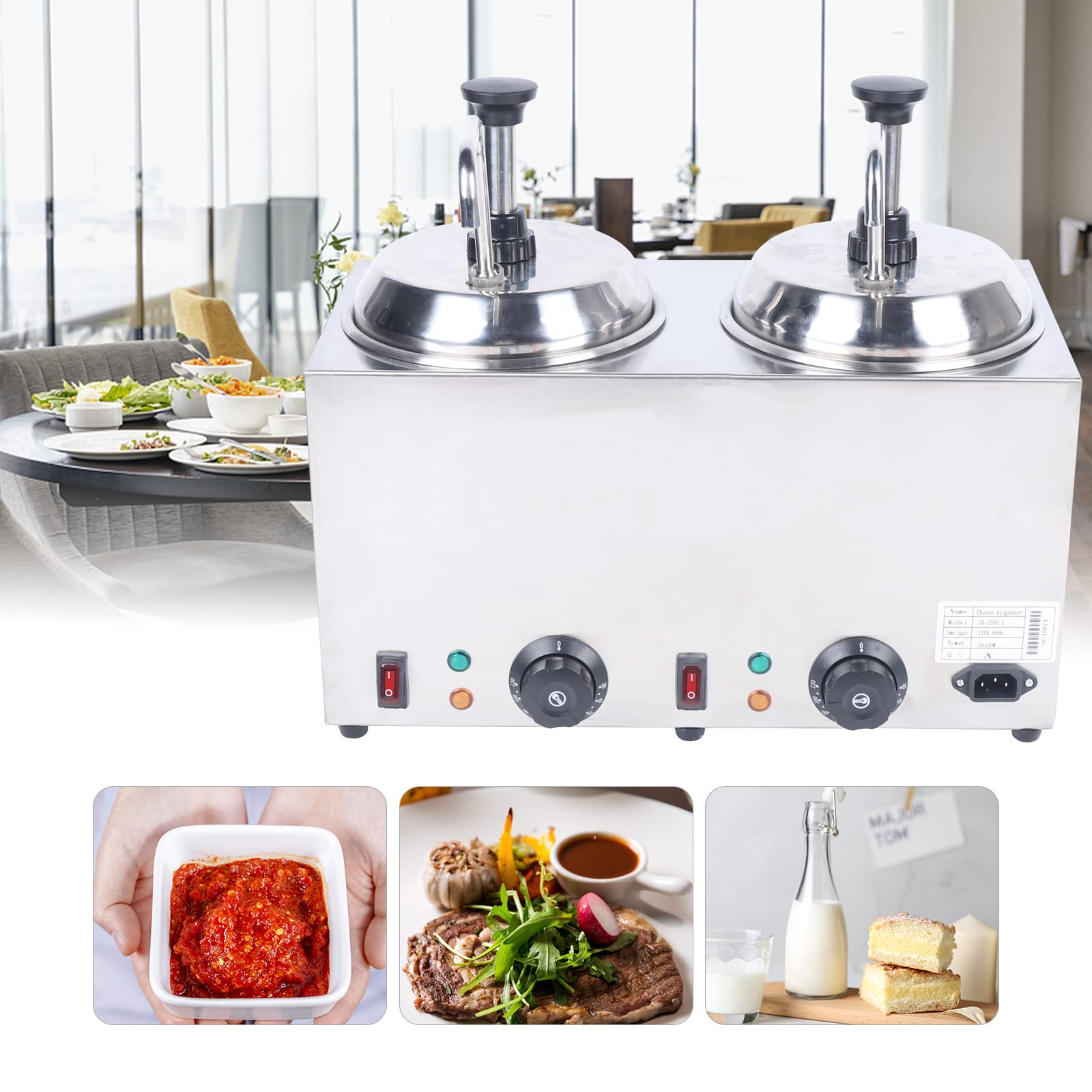 1600W Commercial Nacho Cheese Dispenser with 2 Pumps & 2L Tanks - Stainless Steel Hot Cheese Warmer for Nachos, Hot Fudge, Caramel - Perfect for Movie Theaters, Restaurants, and Food Trucks