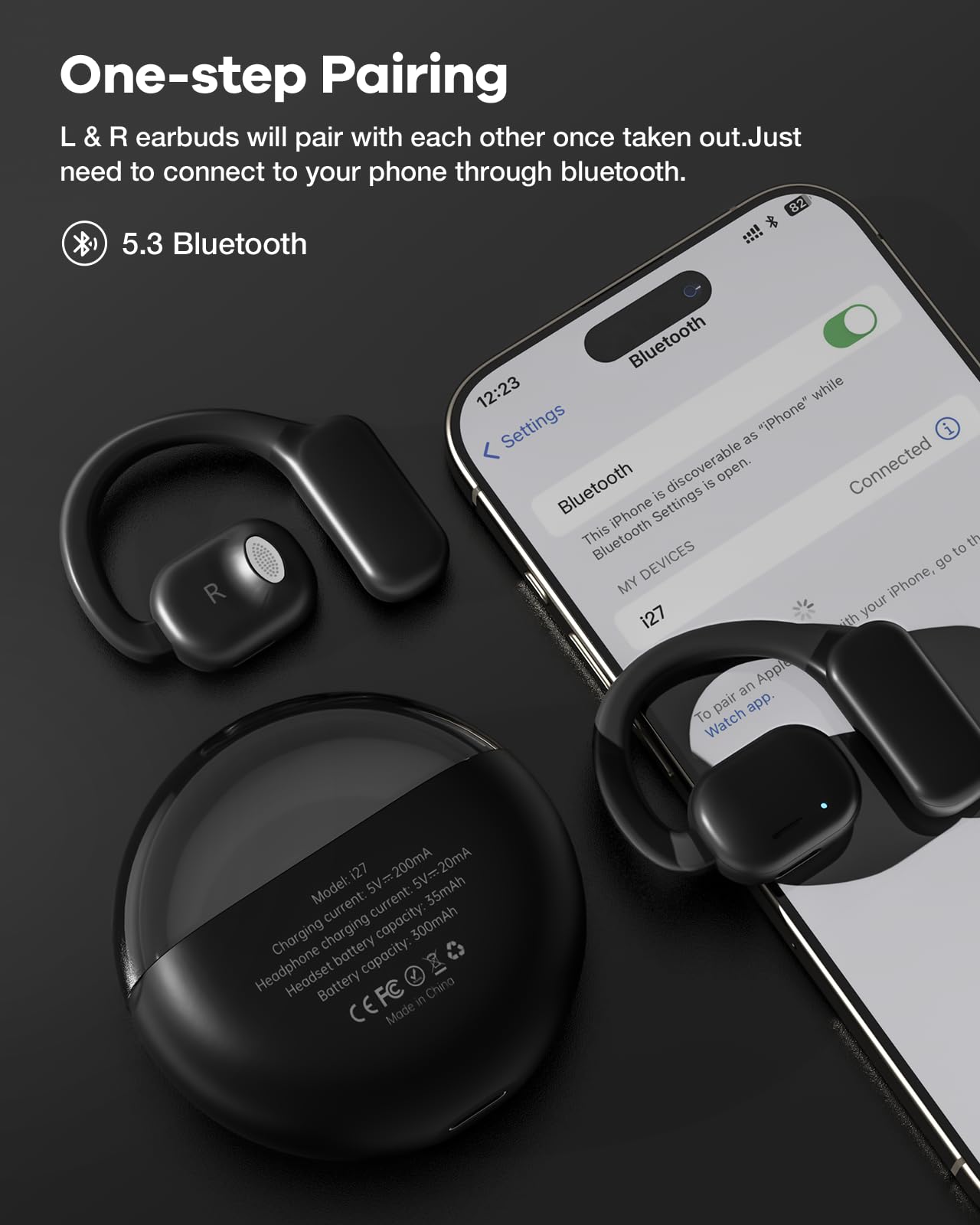 Open Ear Headphones Wireless Bluetooth 5.3 Earbuds with Earhooks - 40Hrs Playtime, IPX6 Sweatproof, Touch Control for Running, Cycling, Workout & Gym - Comfortable Sport Headsets (Black) | Perfect for Outdoor Activities, Fitness Training & Daily Commute