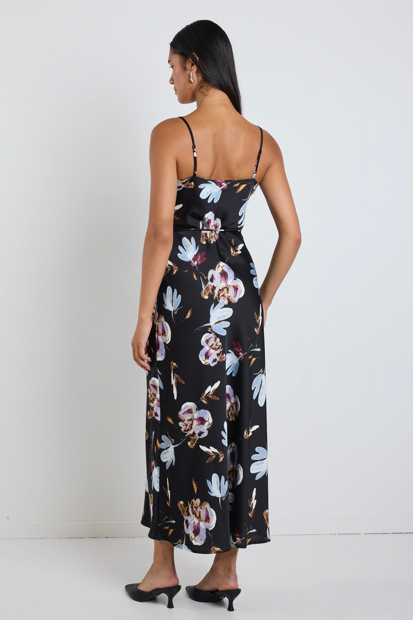 Black Smudge Floral Print Satin Bias Cut Flared Maxi Dress - Elegant Evening Gown for Parties, Weddings & Special Occasions
