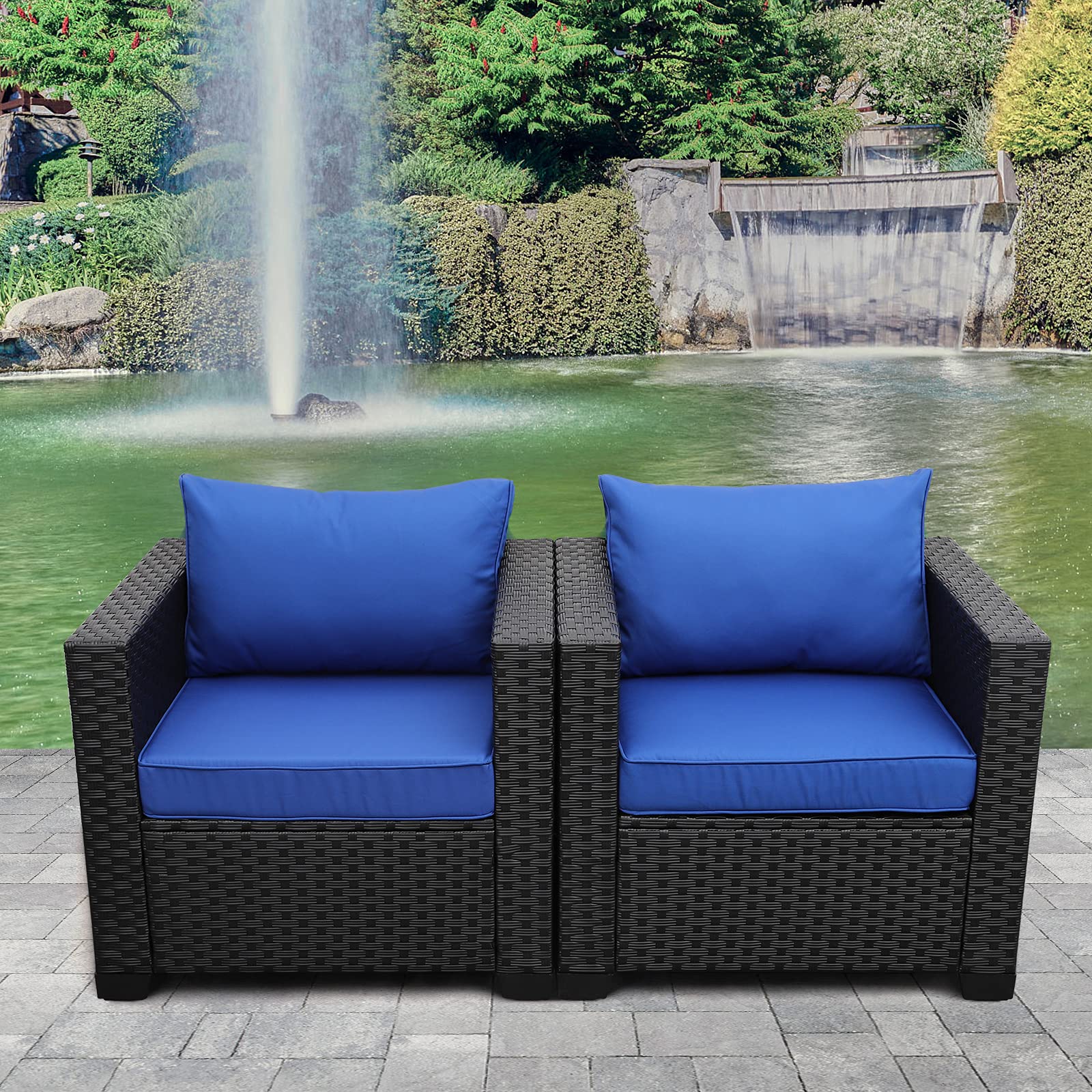 Rattan Patio Single Sofa Chairs Set of 2 - Outdoor Wicker Accent Club Chairs with Anti-Slip Cushions & Waterproof Cover, Royal Blue - Perfect for Garden, Poolside, Deck, and Backyard Relaxation