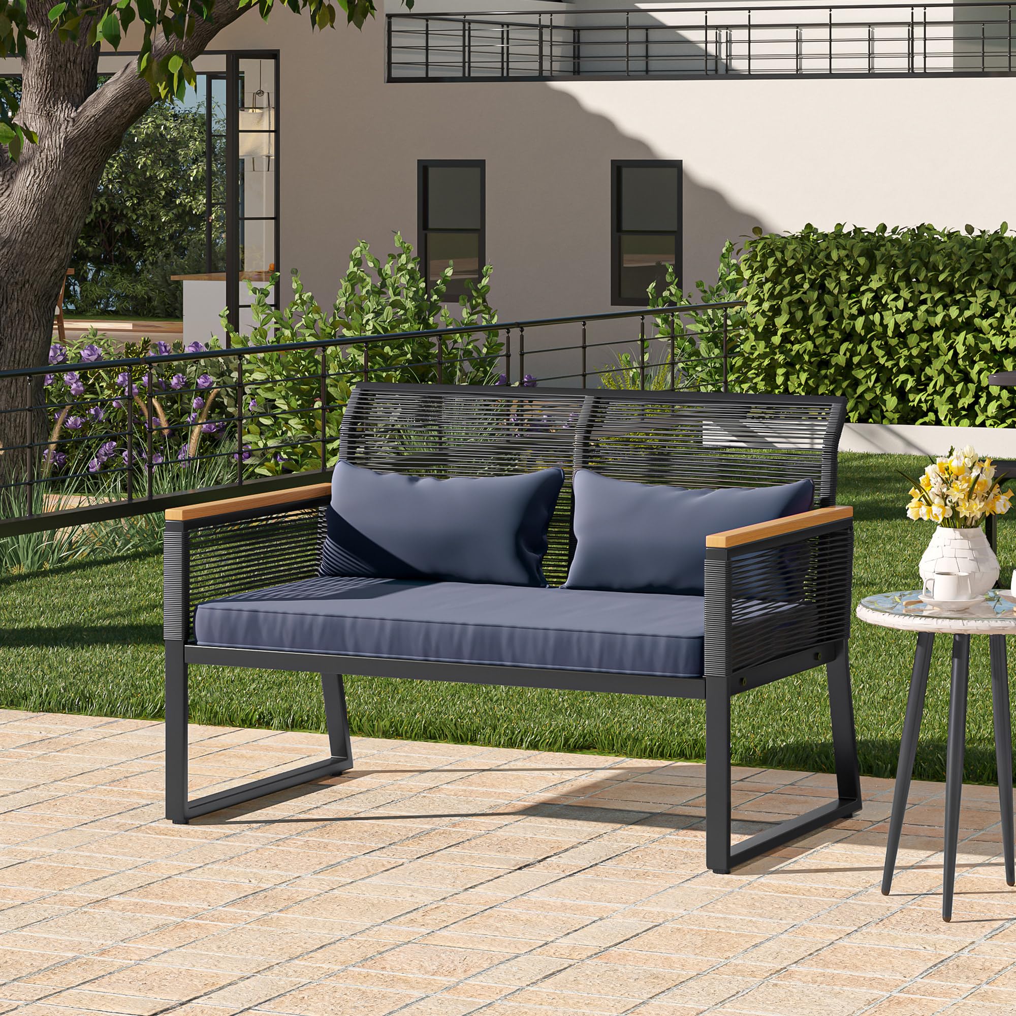 YITAHOME All-Weather Wicker Patio Loveseat - Outdoor Rattan Conversation Set with Wooden Armrest & Dark Gray Cushions for Backyard, Balcony, Deck, Garden - Perfect for Relaxing, Entertaining & Outdoor Lounging