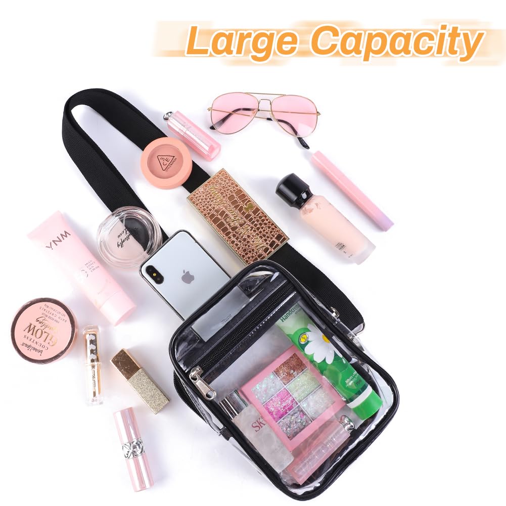 Small Clear Sling Bag for Women - Genuine Leather Crossbody Fanny Pack - Mini Chest Bag (Black) - Perfect for Travel, Concerts & Everyday Use