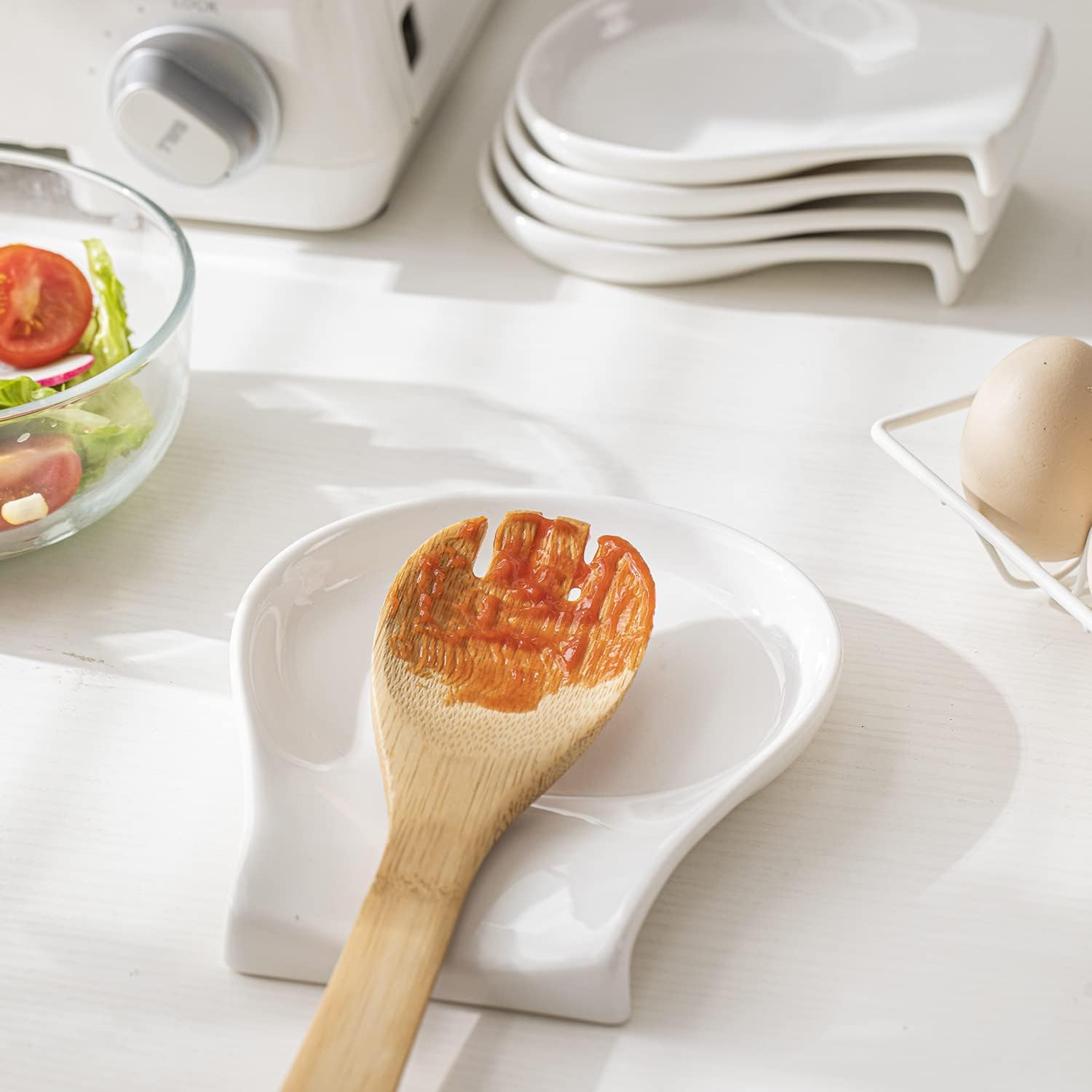 Ceramic Spoon Rest Set of 4 - 5.5 Inch White Porcelain Kitchen Utensil Holder for Stove Top, Countertop - Perfect for Cooking, Serving Coffee & Organizing Spatulas, Ladles