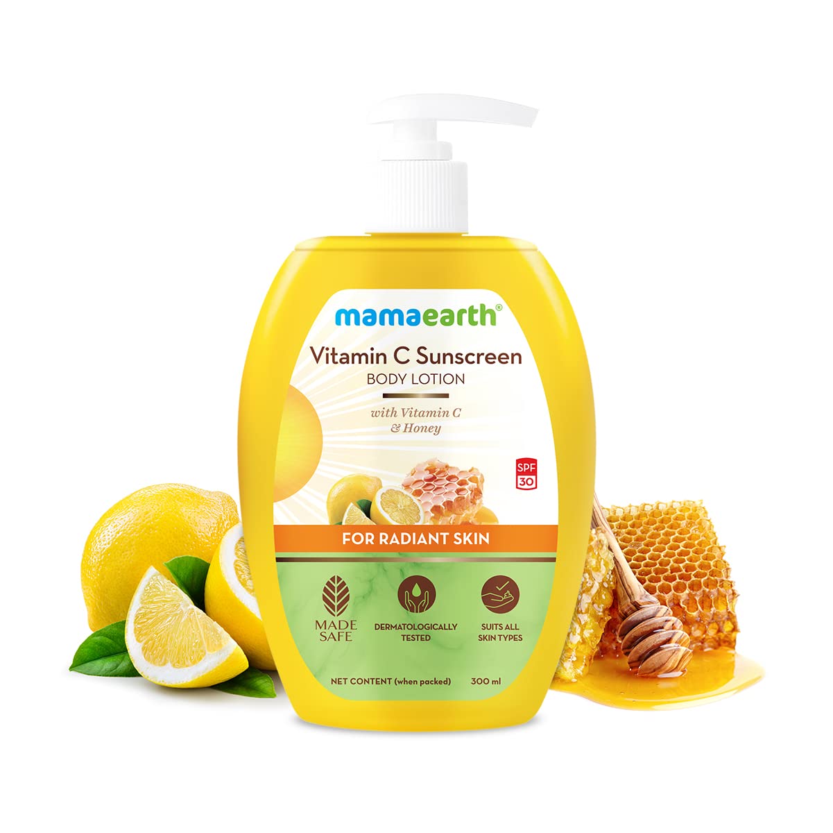 Mamaearth Vitamin C Sunscreen Body Lotion SPF 30 with Honey for Radiant Skin - 300ml | Daily Moisturizer with UV Protection for Face & Body | Perfect for Beach, Outdoor Activities & Daily Use