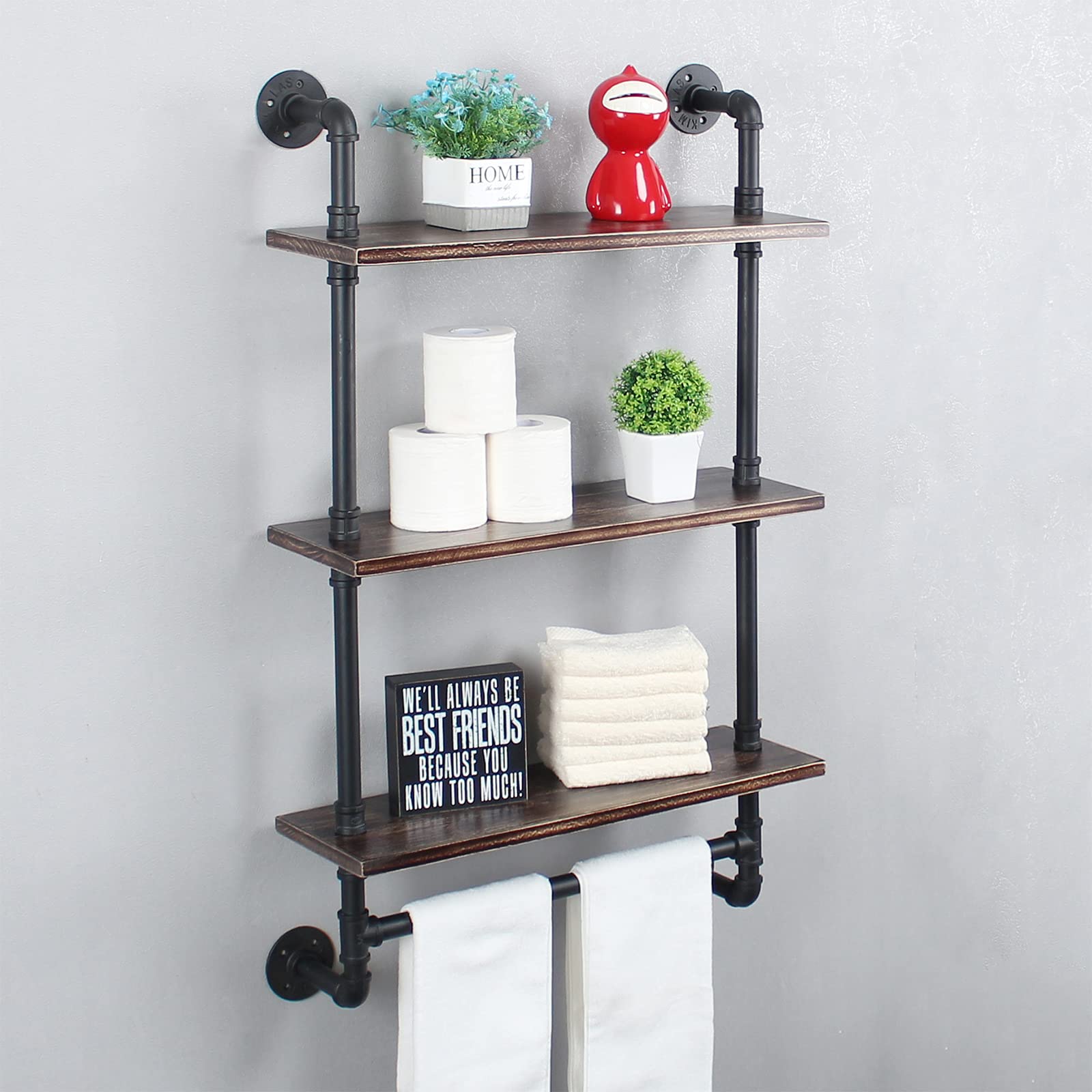 Industrial Pipe Shelving - 24in Rustic Metal Pipe Floating Shelves with Towel Bar | 3-Tier Wall Mounted Iron Pipe Shelves for Bathroom & Living Room | Retro Black Industrial Shelf for Storage & Home Decor
