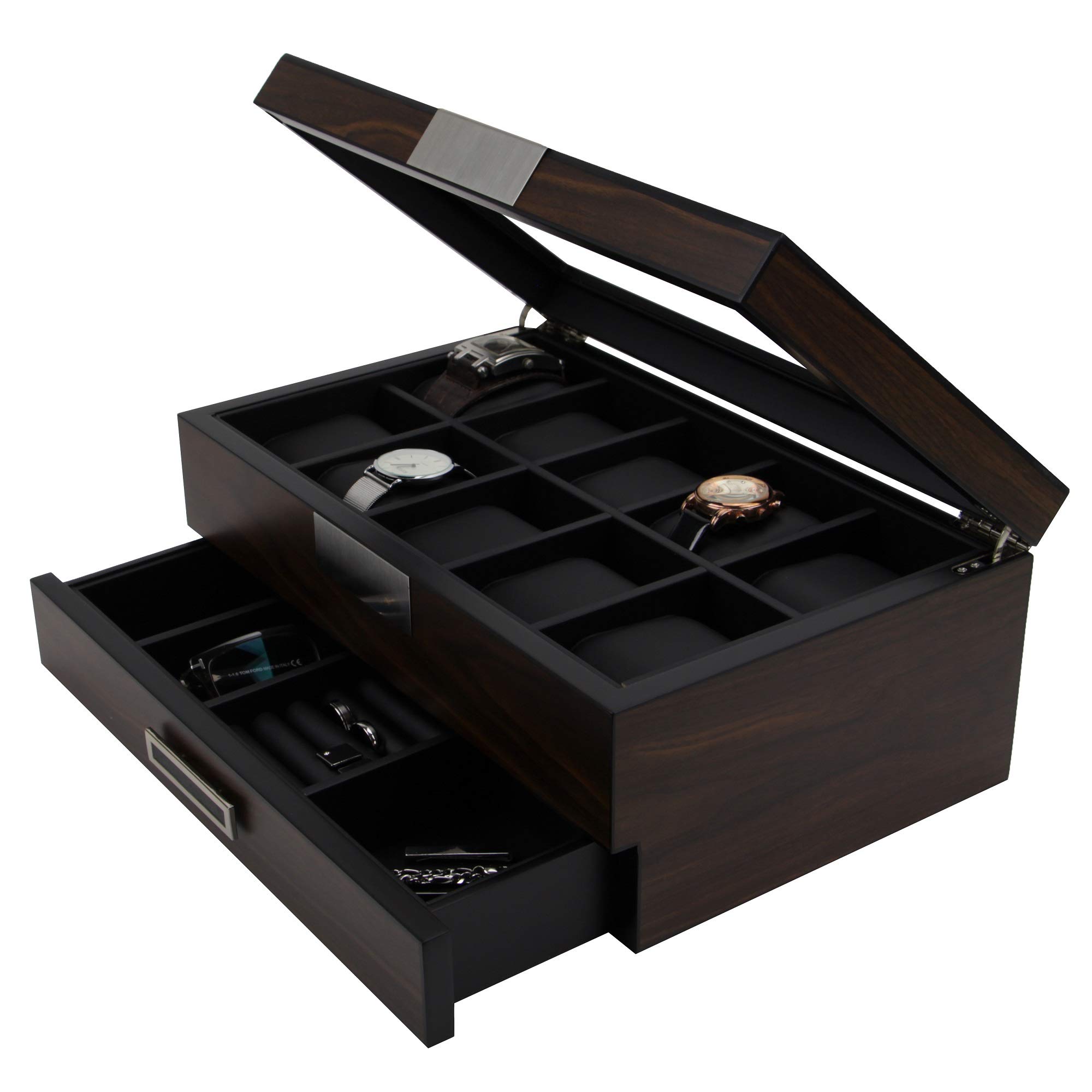 Premium Wooden Watch Box Organizer - Luxury Valet Storage for Watches, Sunglasses & Jewelry (Brown) - Perfect for Home, Office & Travel Accessory Organization