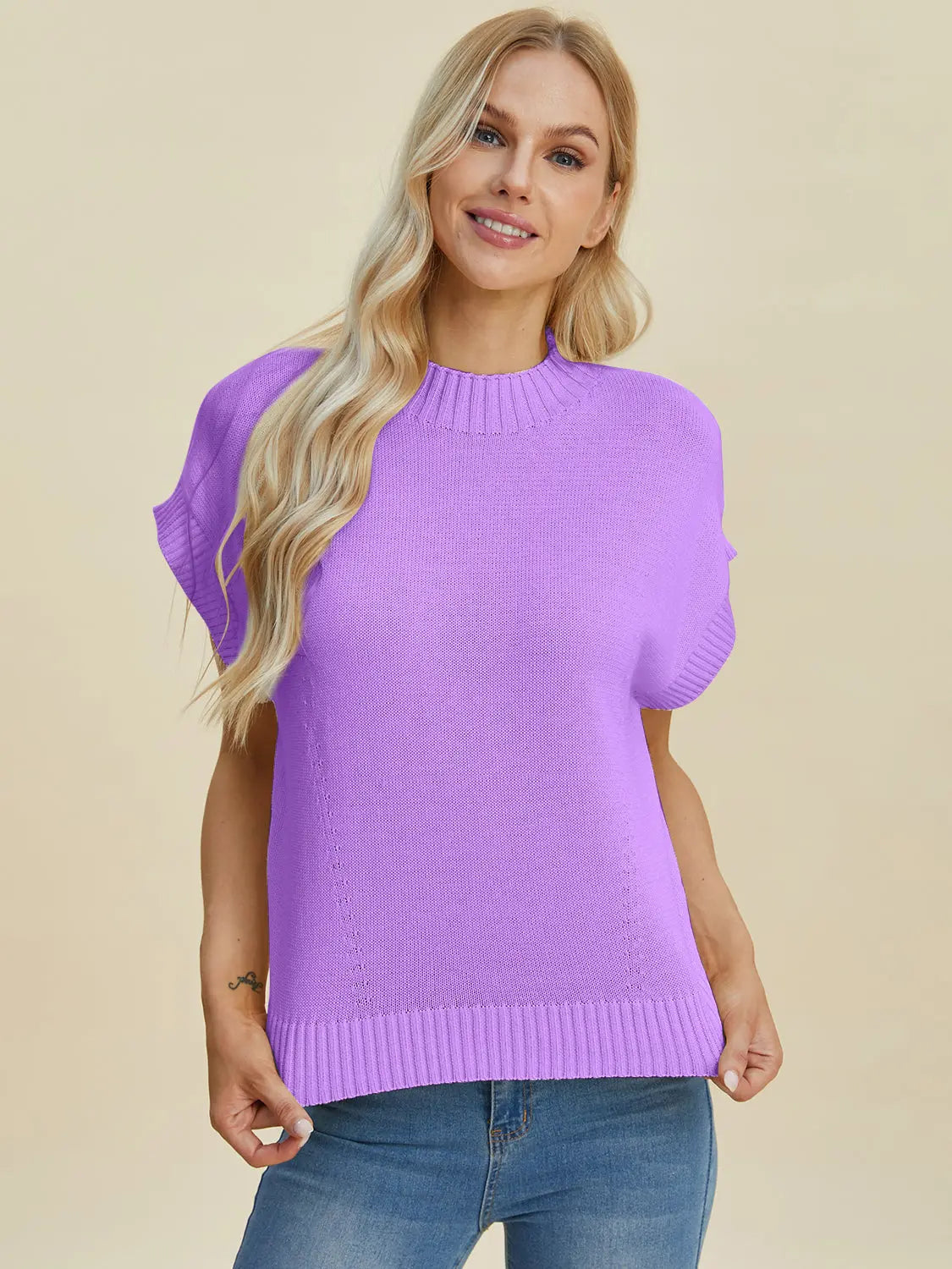Double Take Full Size Mock Neck Short Sleeve Sweater for Women - Soft Knit Pullover Top for Casual Wear & Office Outfits | Perfect for Fall & Winter Layering