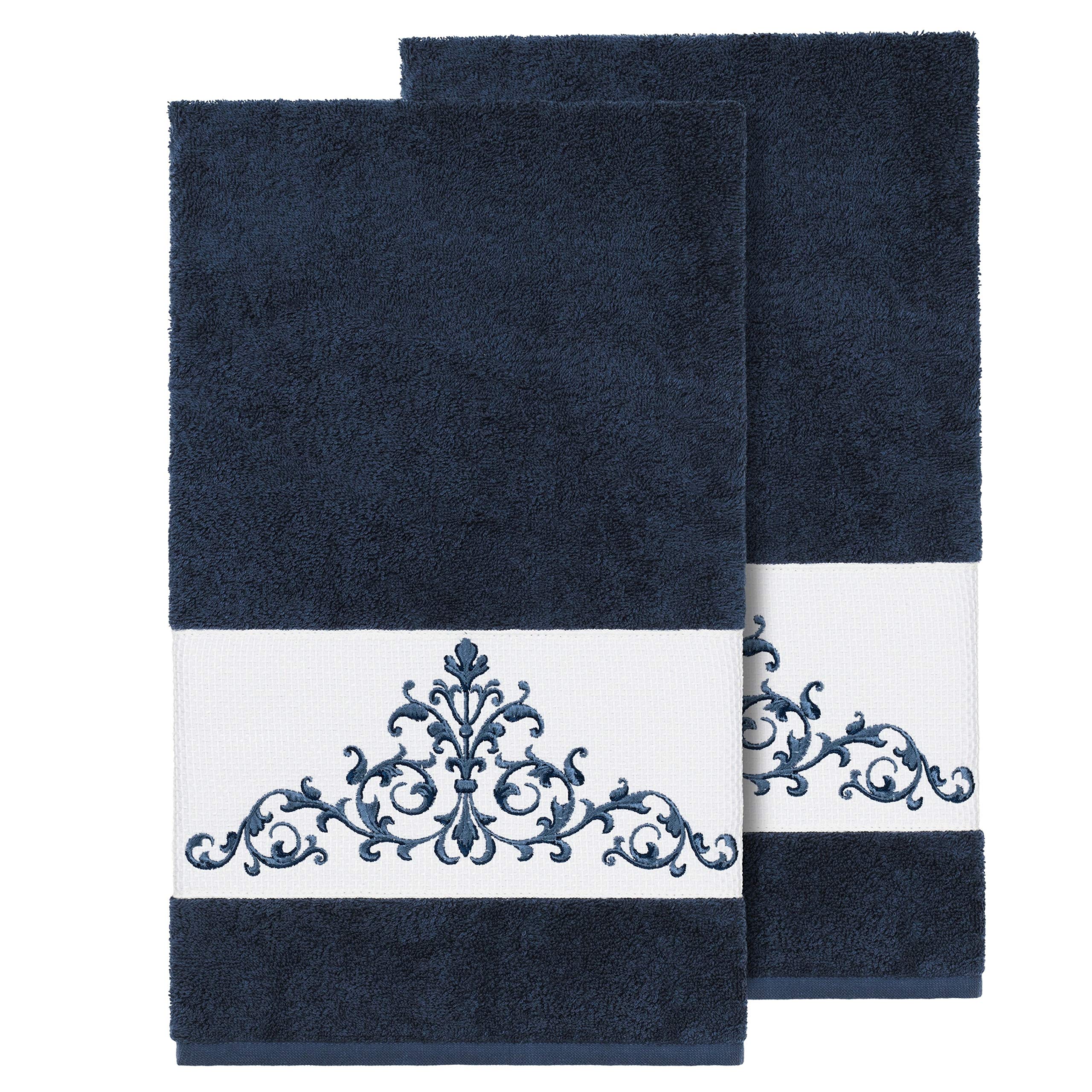 Premium Midnight Blue Turkish Cotton Bath Towels Set of 2 - Luxurious Scrollwork Embroidery for Spa, Bath & Guest Use - Ultra Soft & Absorbent