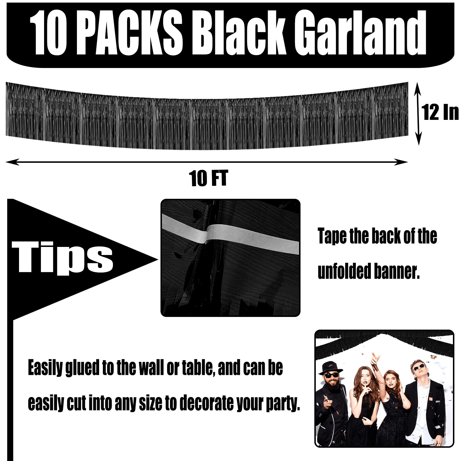 10 Pack 10 Feet Black Foil Fringe Garland - Metallic Tinsel Streamers for Party Decorations | Wedding, Birthday, Christmas, Halloween, Bachelorette & Parade Backdrop | Wall Hanging Curtain & Photo Booth Decor